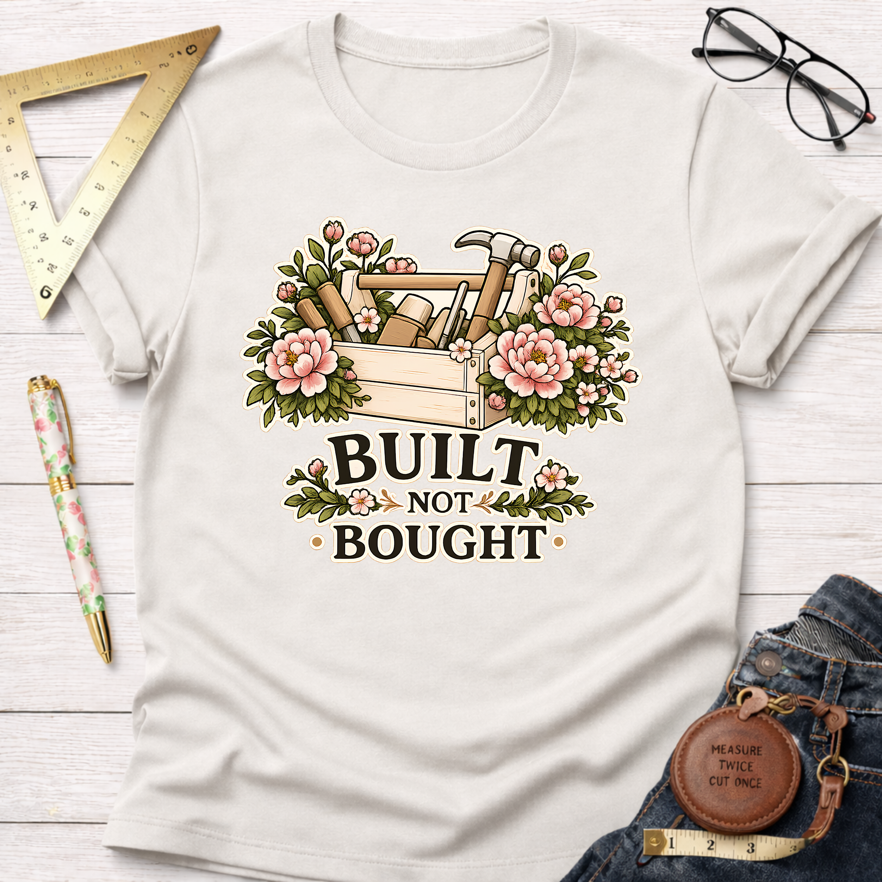 White carpenter t-shirt with "Built Not Bought" text, a toolbox, and pink floral design.