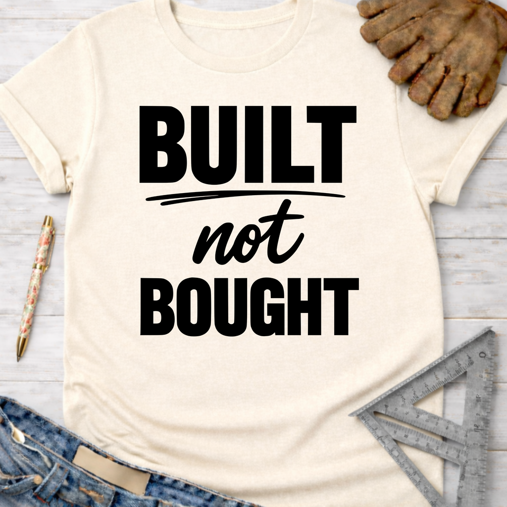 Women's funny woodworking graphic tee shirt for female woodworkers, makers, and DIY builders — Sawdust & Ponytails. Cream t-shirt with "BUILT not BOUGHT" in black text.