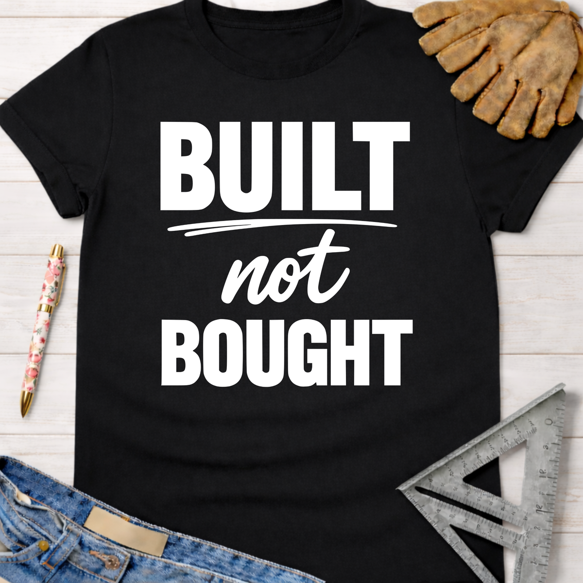 Women's funny woodworking graphic tee shirt for female woodworkers, makers, and DIY builders — Sawdust & Ponytails. Black cotton tee with "BUILT not BOUGHT" in white text.