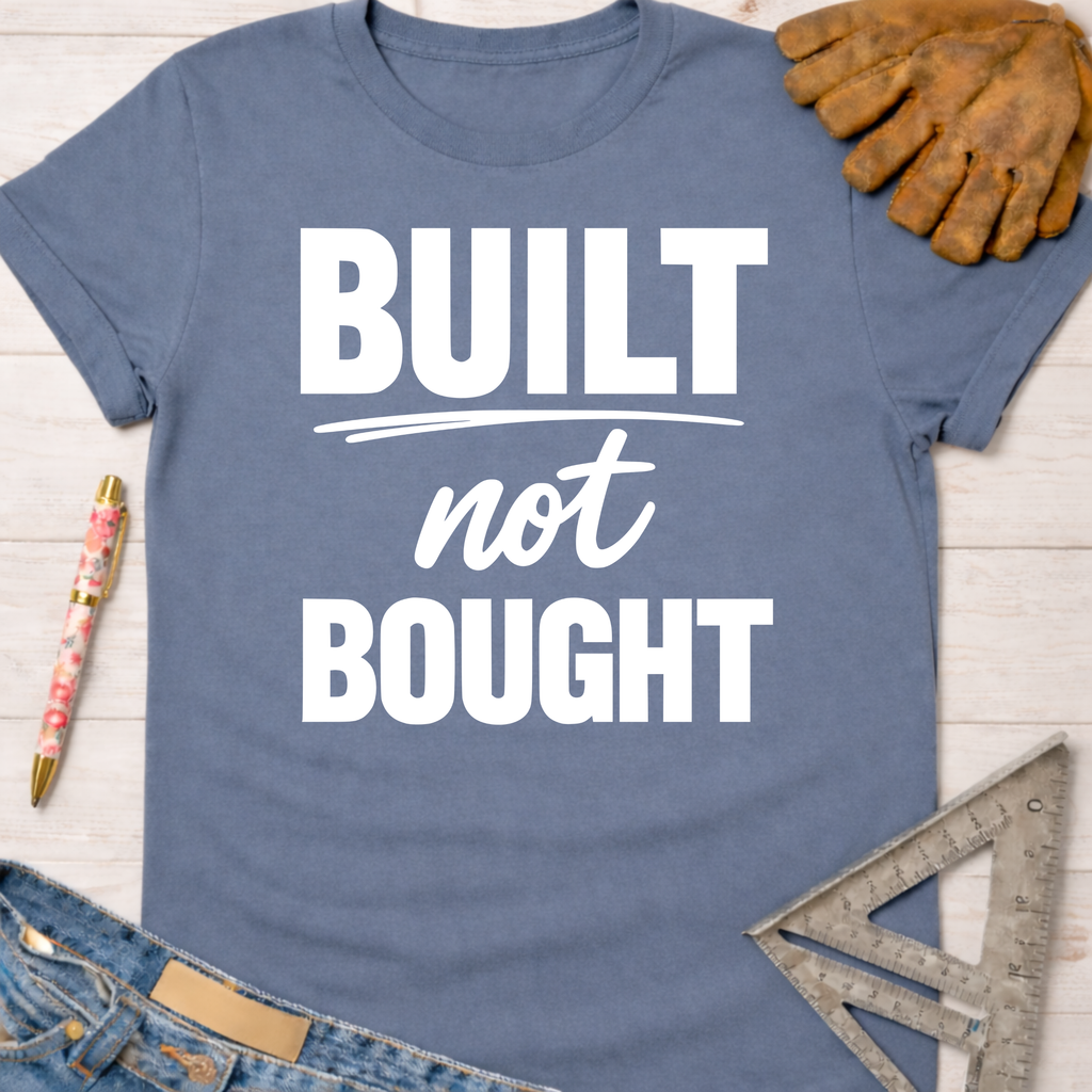 Women's funny woodworking graphic tee shirt for female woodworkers, makers, and DIY builders — Sawdust & Ponytails. Blue "Built Not Bought" t-shirt with work gloves, jeans, and ruler.