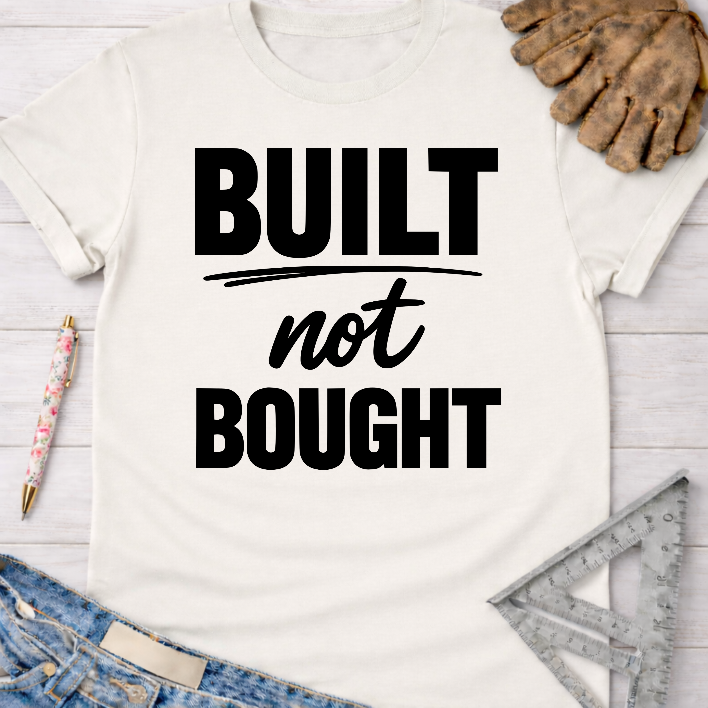 Women's funny woodworking graphic tee shirt for female woodworkers, makers, and DIY builders — Sawdust & Ponytails. Cream t-shirt with "Built not Bought" in black text.