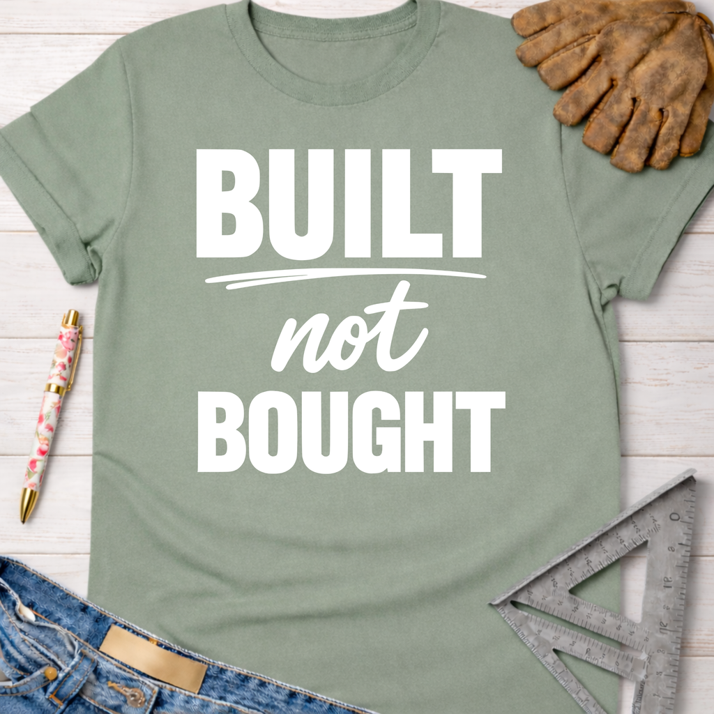 Sage green "Built Not Bought" women's funny woodworking graphic tee shirt for female woodworkers, makers, and DIY builders — Sawdust & Ponytails