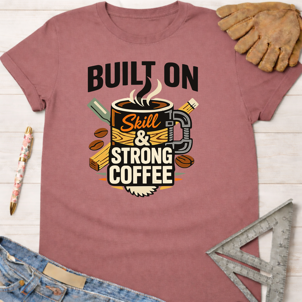Women's funny woodworking graphic tee shirt for female woodworkers, makers, and DIY builders — Sawdust & Ponytails. Mauve cotton tee with "Built On Skill & Strong Coffee" graphic.