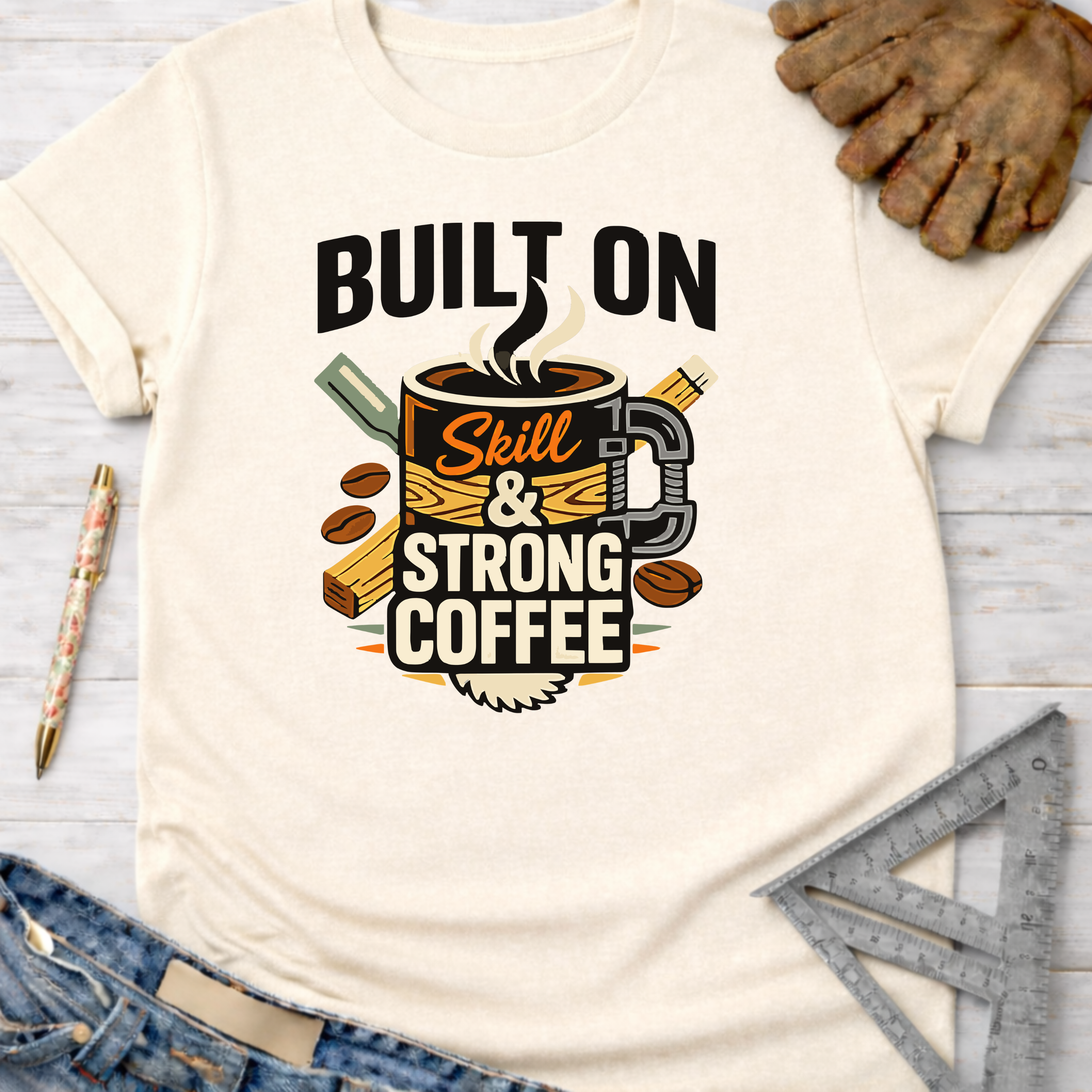 Women's funny woodworking graphic tee shirt for female woodworkers, makers, and DIY builders — Sawdust & Ponytails. Cream t-shirt with "Built On Skill & Strong Coffee" graphic.