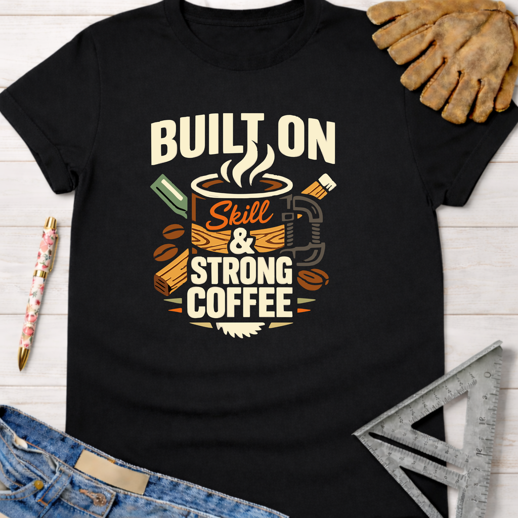 Black women's funny woodworking graphic tee with "Built On Skill & Strong Coffee" design, Sawdust & Ponytails.
