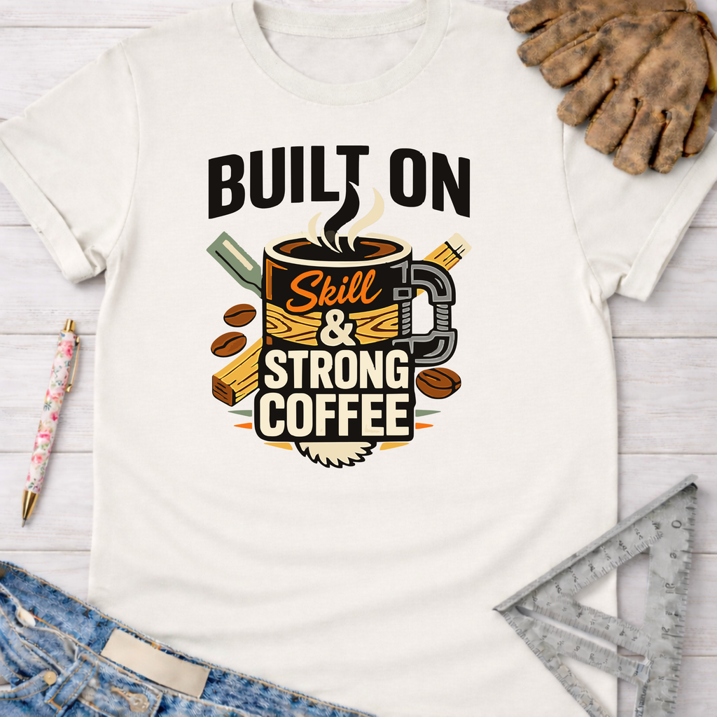 Women's funny woodworking graphic tee shirt for female woodworkers, makers, and DIY builders — Sawdust & Ponytails. White cotton tee with "Built On Skill & Strong Coffee" graphic.