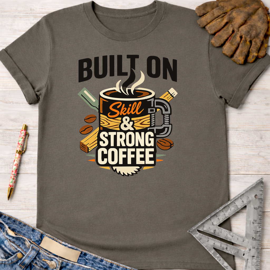 Women's funny woodworking graphic tee shirt for female woodworkers, makers, and DIY builders — Sawdust & Ponytails. Charcoal gray cotton tee with "Built On Skill & Strong Coffee" graphic.