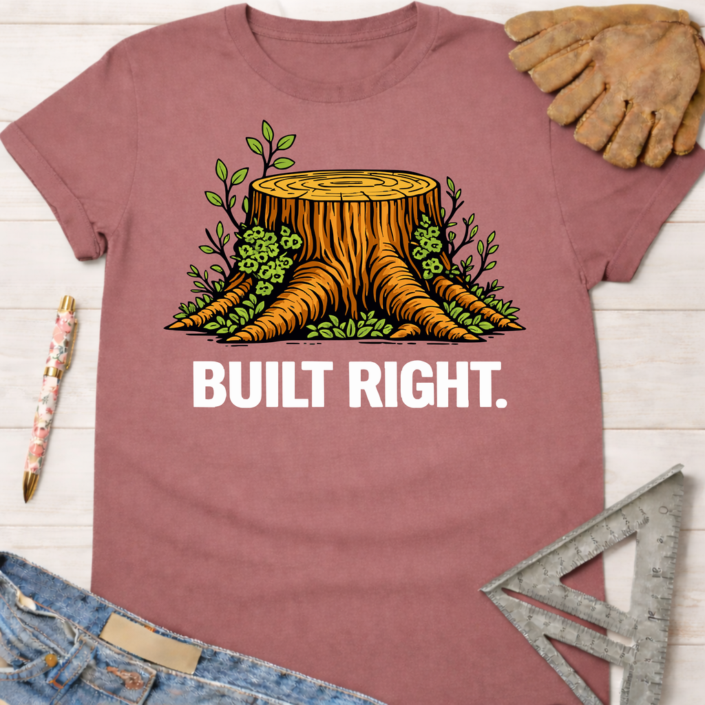Women's funny woodworking graphic tee shirt for female woodworkers, makers, and DIY builders — Sawdust & Ponytails. Mauve cotton tee with a tree stump graphic and "BUILT RIGHT." text.