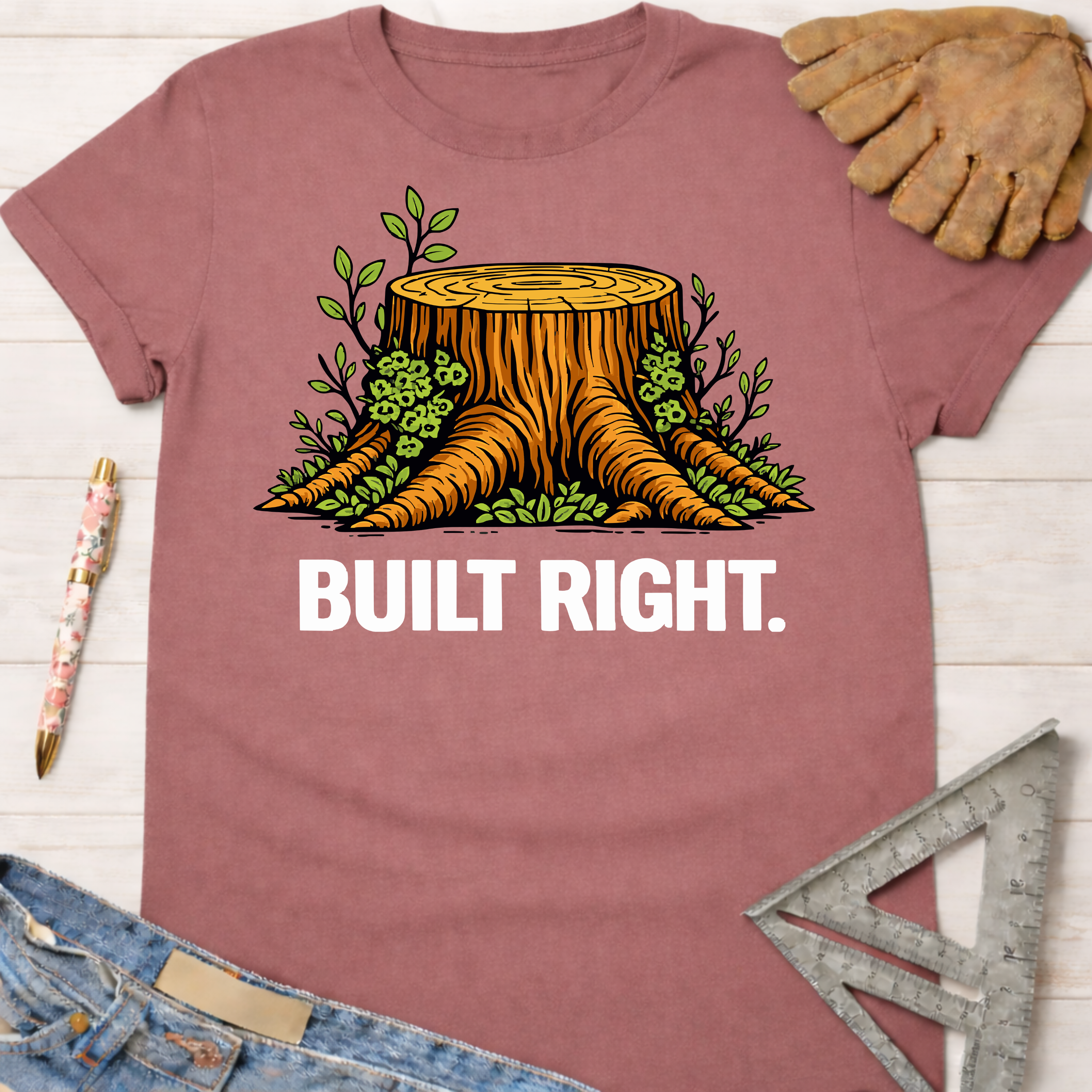 Women's funny woodworking graphic tee shirt for female woodworkers, makers, and DIY builders — Sawdust & Ponytails. Mauve cotton tee with a tree stump graphic and "BUILT RIGHT." text.