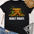 Black cotton "Built Right" tee with tree stump graphic, for female woodworkers. Sawdust & Ponytails.