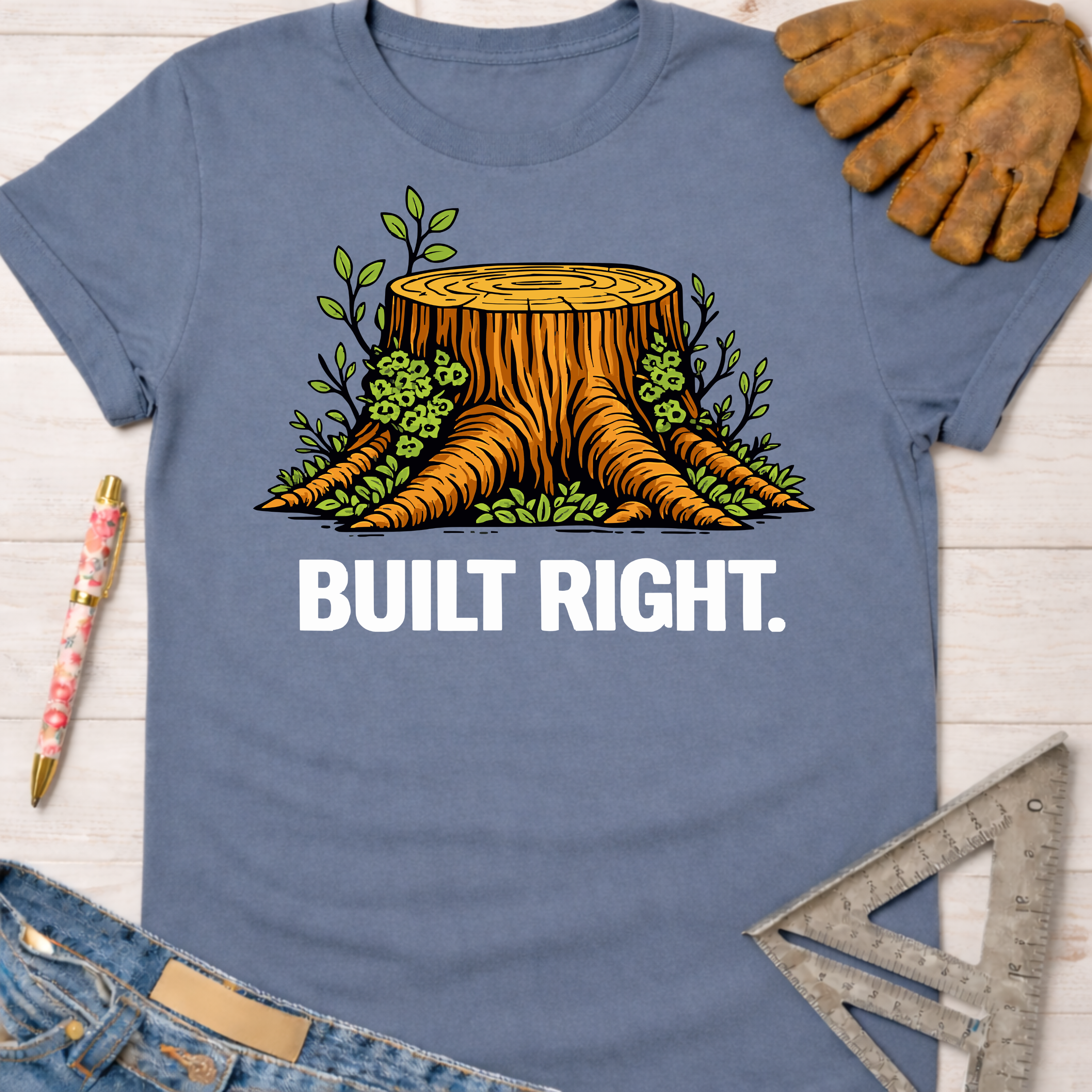 Women's funny woodworking graphic tee shirt for female woodworkers, makers, and DIY builders — Sawdust & Ponytails. Blue short-sleeve tee with a tree stump graphic and "BUILT RIGHT." text.