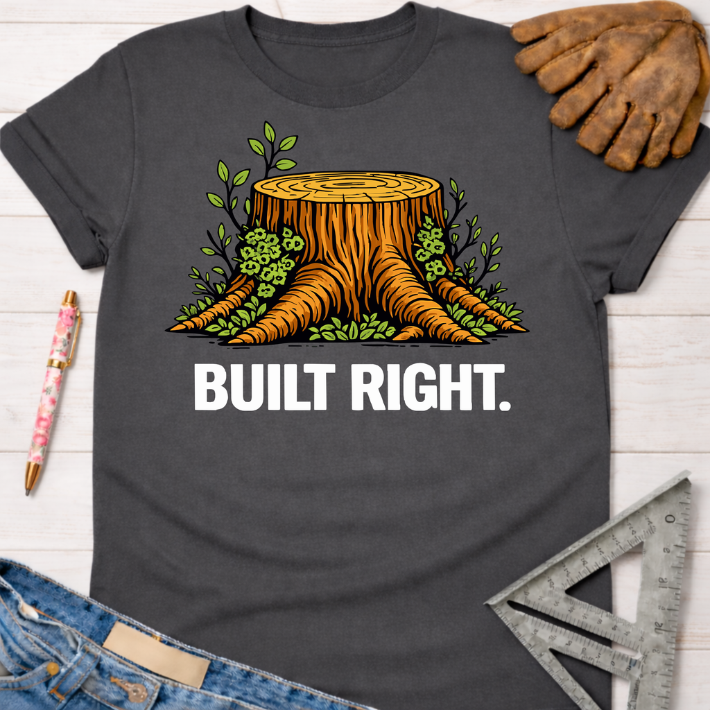 Women's funny woodworking graphic tee shirt for female woodworkers, makers, and DIY builders — Sawdust & Ponytails. Dark gray cotton tee with a vibrant tree stump graphic and "BUILT RIGHT." text.