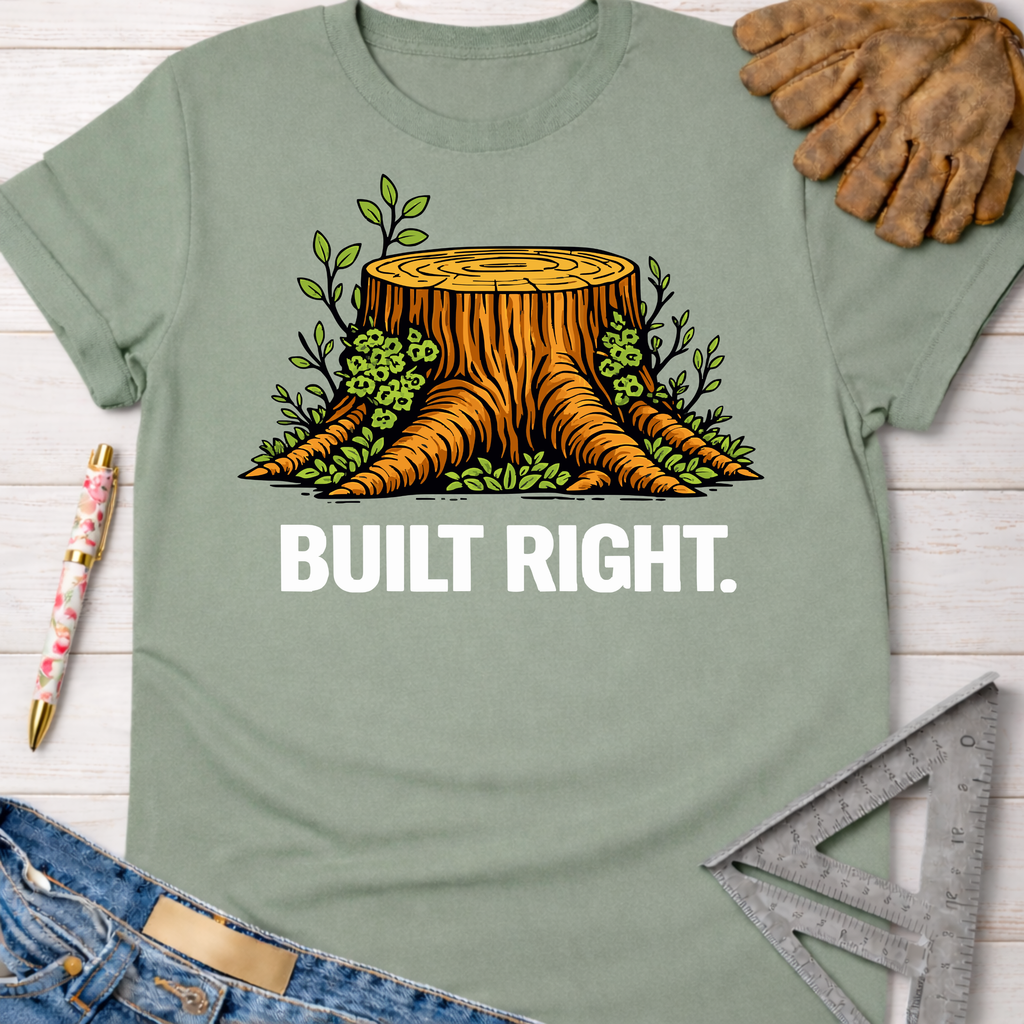 Women's funny woodworking graphic tee shirt for female woodworkers, makers, and DIY builders — Sawdust & Ponytails. Sage green tee with a tree stump graphic and "BUILT RIGHT." text.