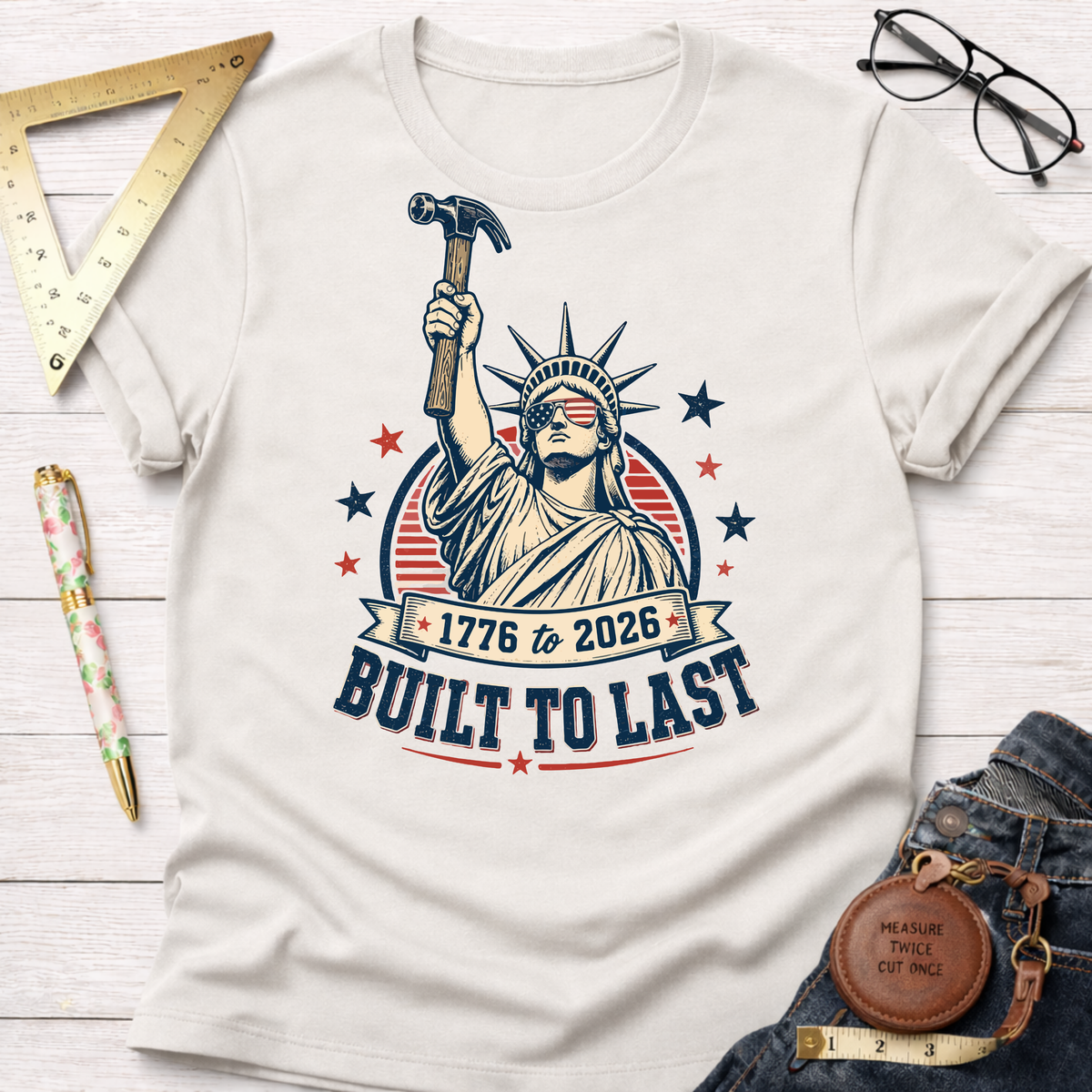 Off-white cotton t-shirt with a graphic of Lady Liberty holding a hammer, "1776 to 2026 Built To Last" text.