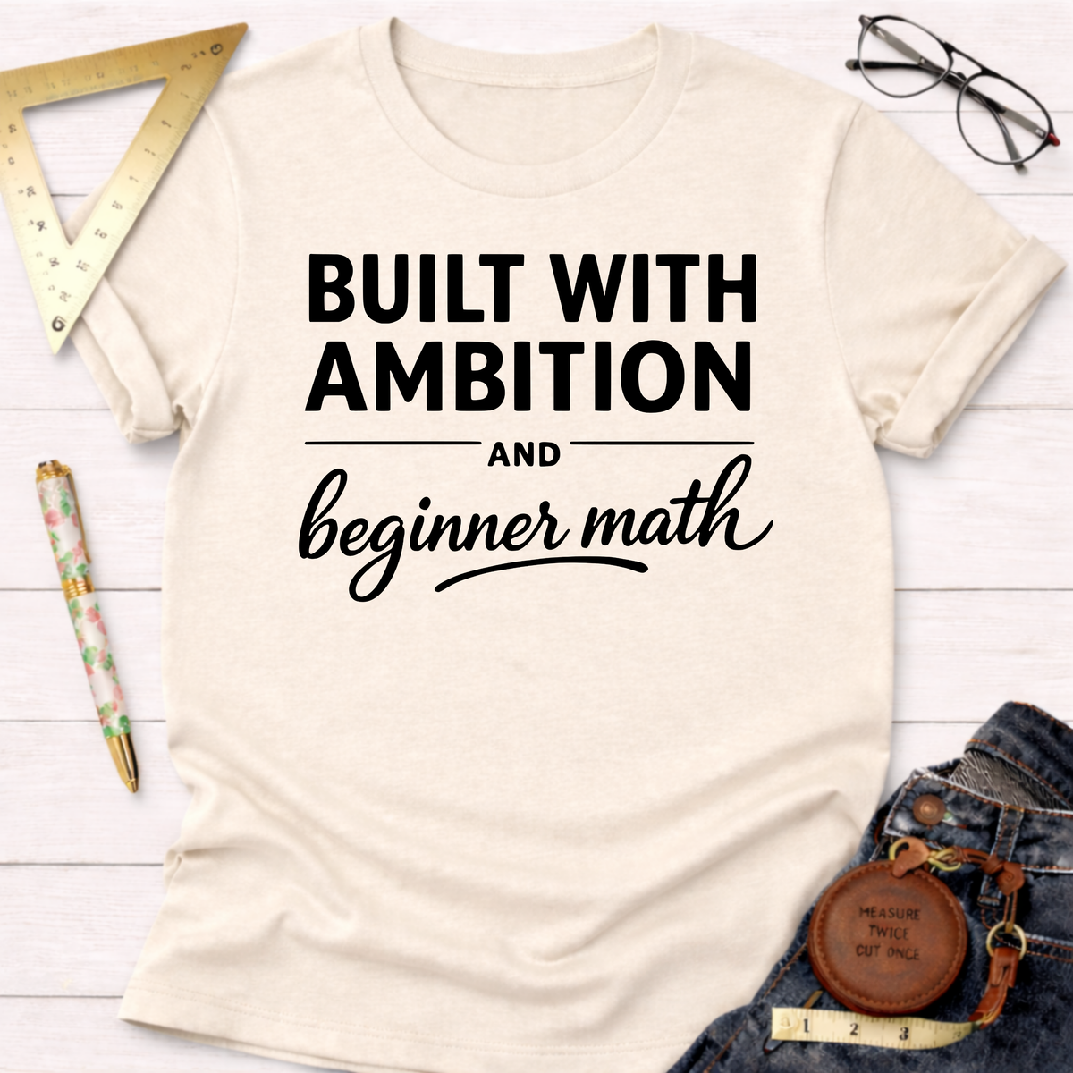 Women's funny woodworking graphic tee shirt for female woodworkers, makers, and DIY builders — Sawdust & Ponytails. Cream t-shirt with "Built With Ambition And Beginner Math" in black text.