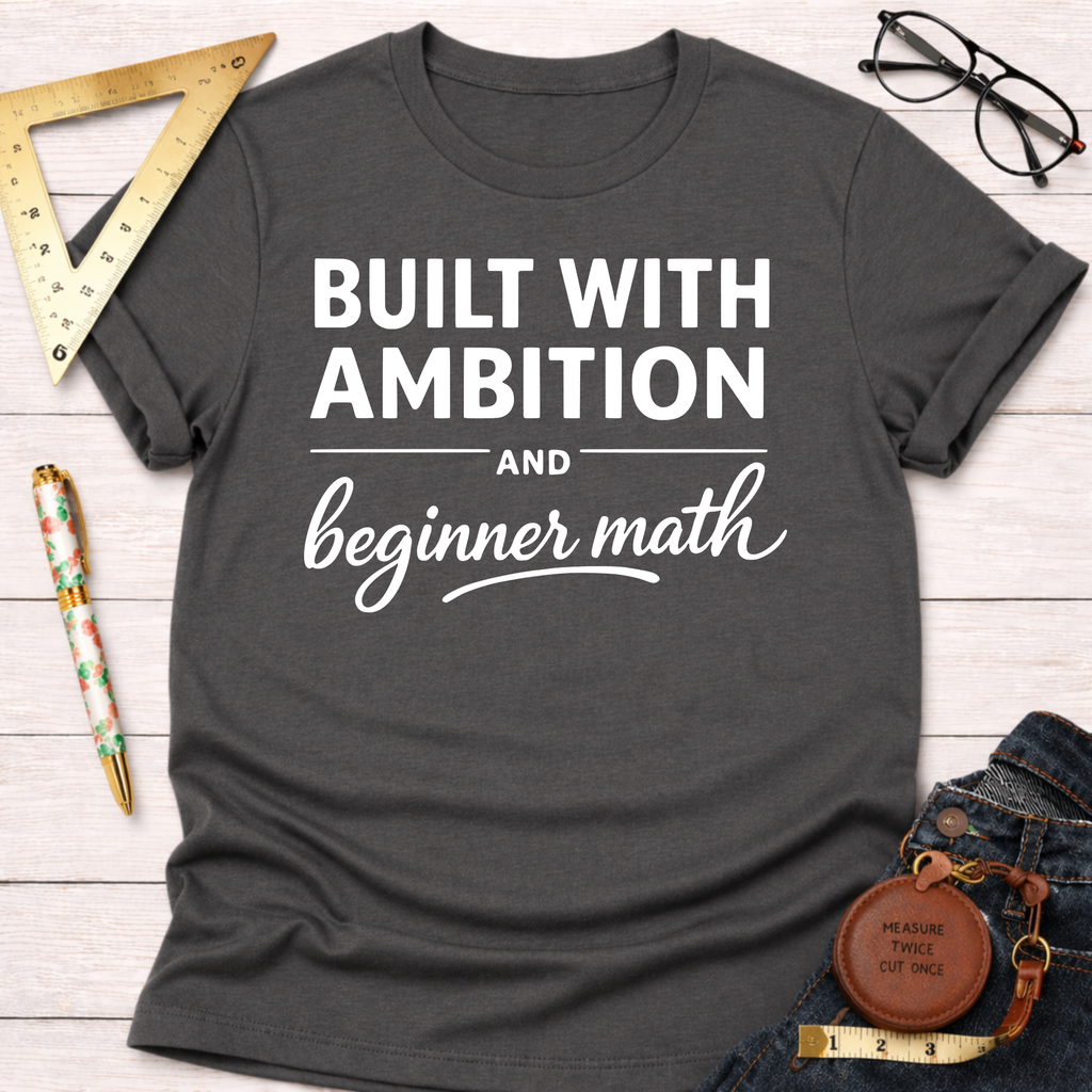 Women's funny woodworking graphic tee shirt for female woodworkers, makers, and DIY builders — Sawdust & Ponytails. Dark gray crew neck t-shirt with "Built With Ambition And beginner math" in white text.