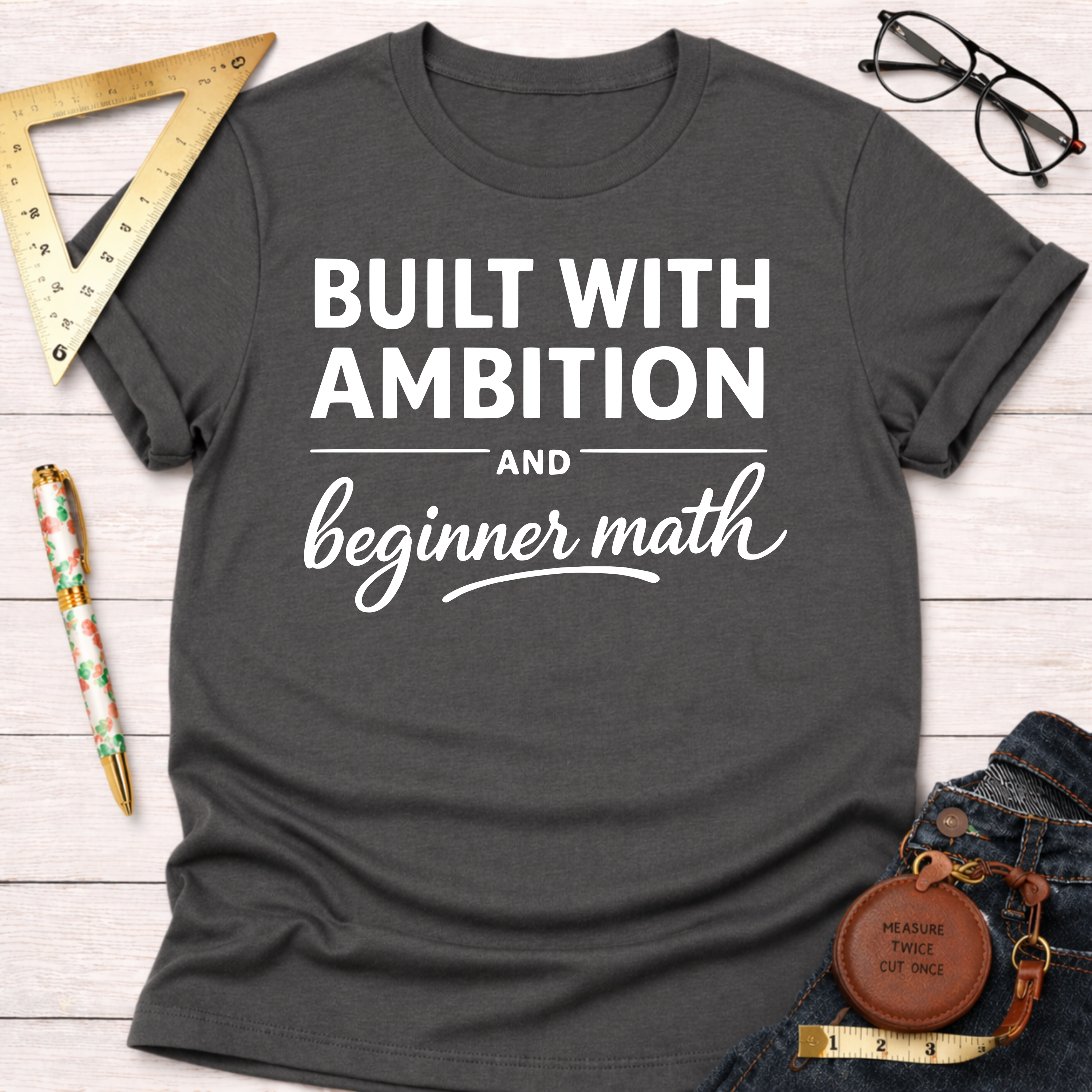 Women's funny woodworking graphic tee shirt for female woodworkers, makers, and DIY builders — Sawdust & Ponytails. Dark gray crew neck t-shirt with "Built With Ambition And beginner math" in white text.