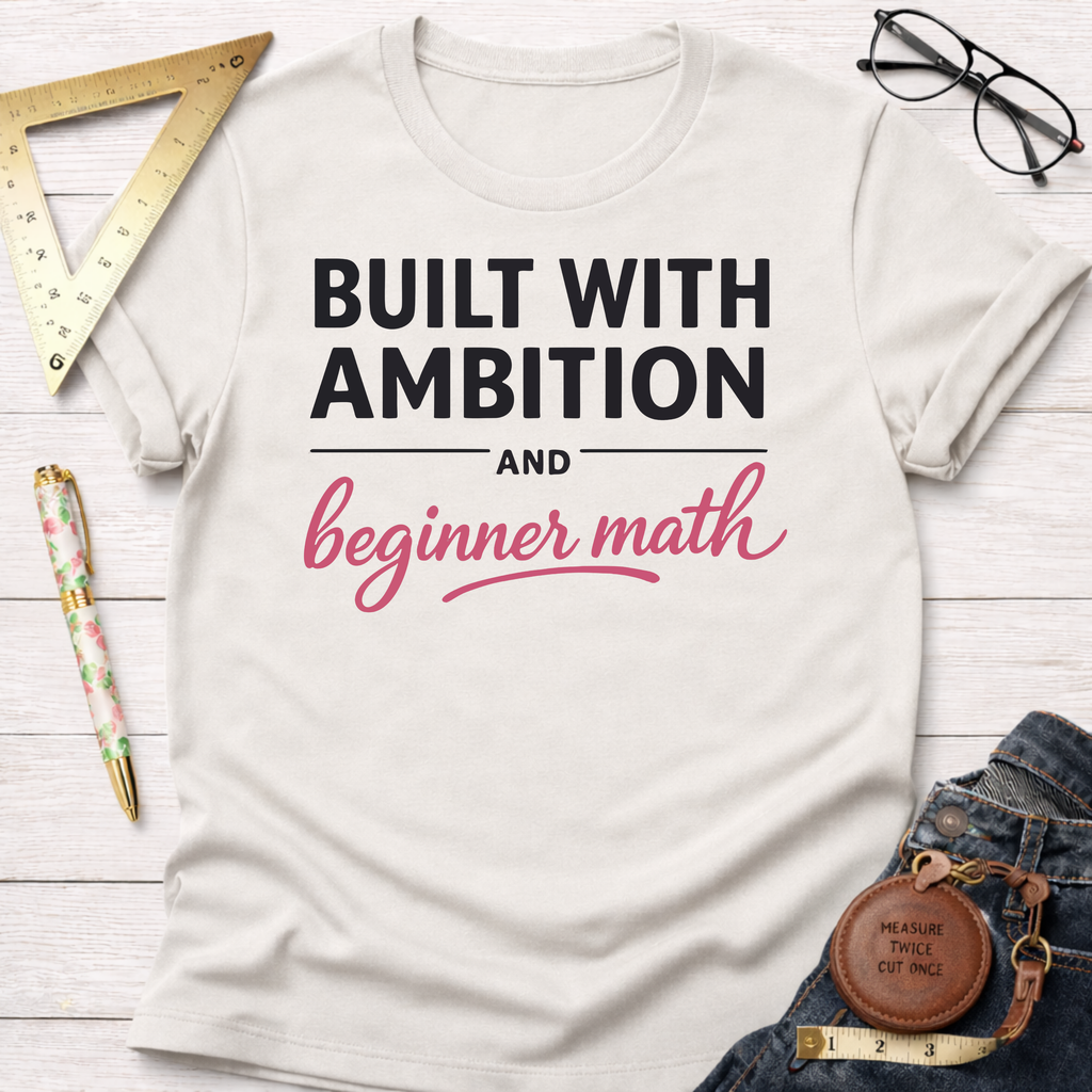 Women's funny woodworking graphic tee shirt for female woodworkers, makers, and DIY builders — Sawdust & Ponytails. White cotton tee with "Built With Ambition And beginner math" in black and pink text.
