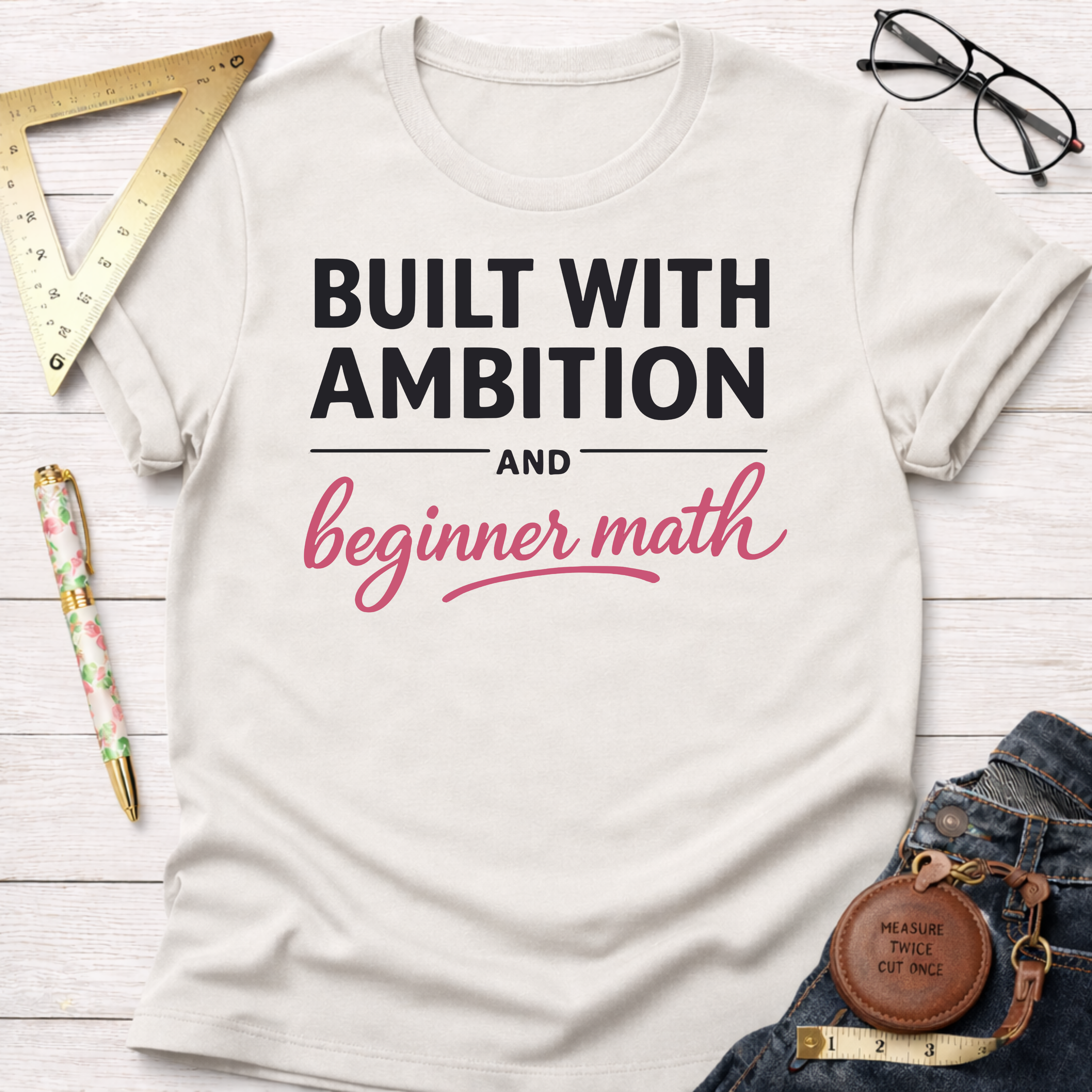Women's funny woodworking graphic tee shirt for female woodworkers, makers, and DIY builders — Sawdust & Ponytails. White cotton tee with "Built With Ambition And beginner math" in black and pink text.