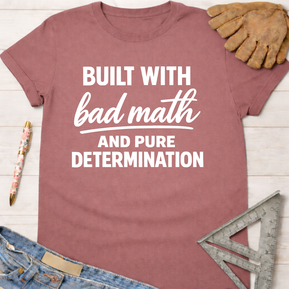 Women's funny woodworking graphic tee shirt for female woodworkers, makers, and DIY builders — Sawdust & Ponytails. Mauve t-shirt with "Built With Bad Math And Pure Determination" text.