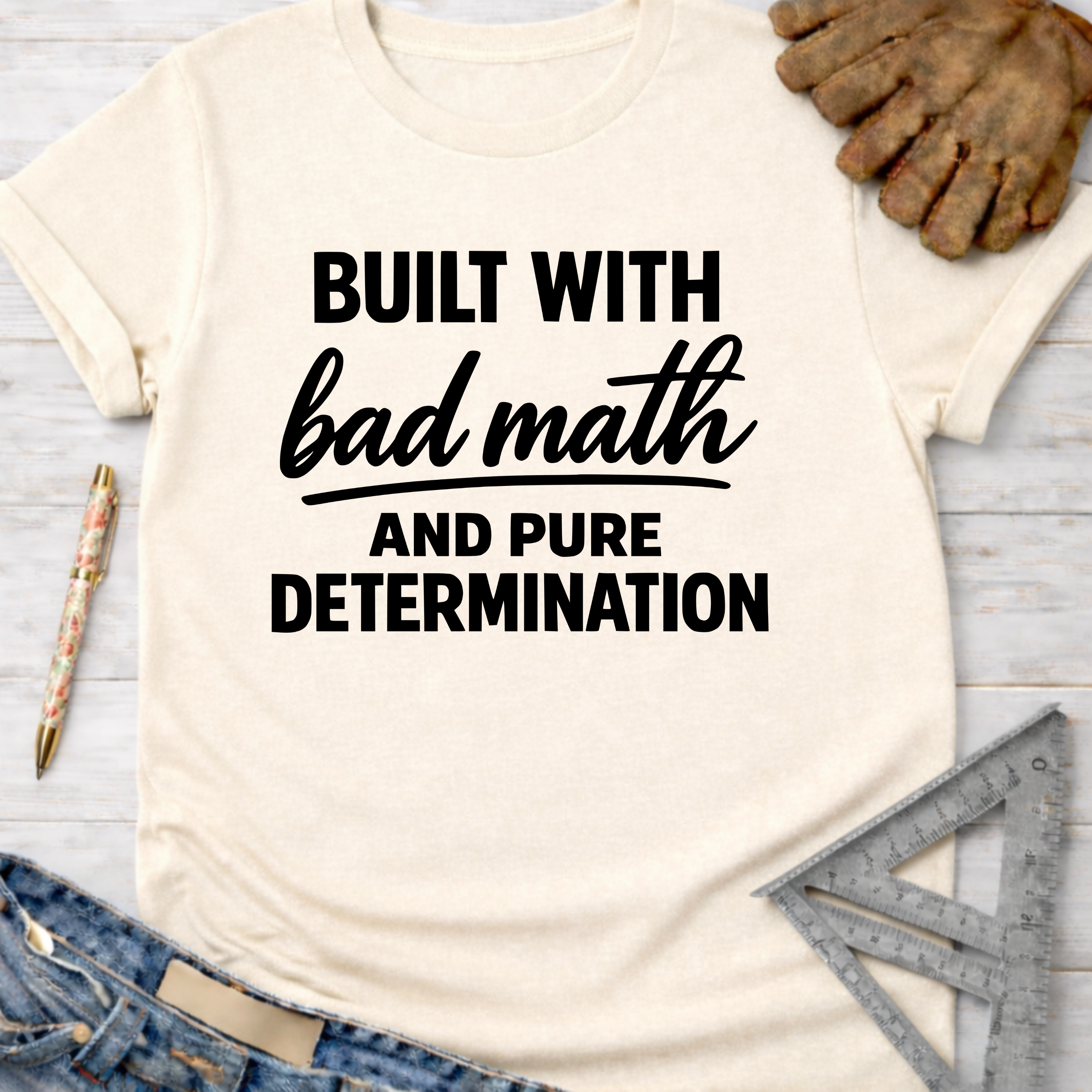Women's funny woodworking graphic tee shirt for female woodworkers, makers, and DIY builders — Sawdust & Ponytails. Cream t-shirt with "Built With Bad Math And Pure Determination" text.