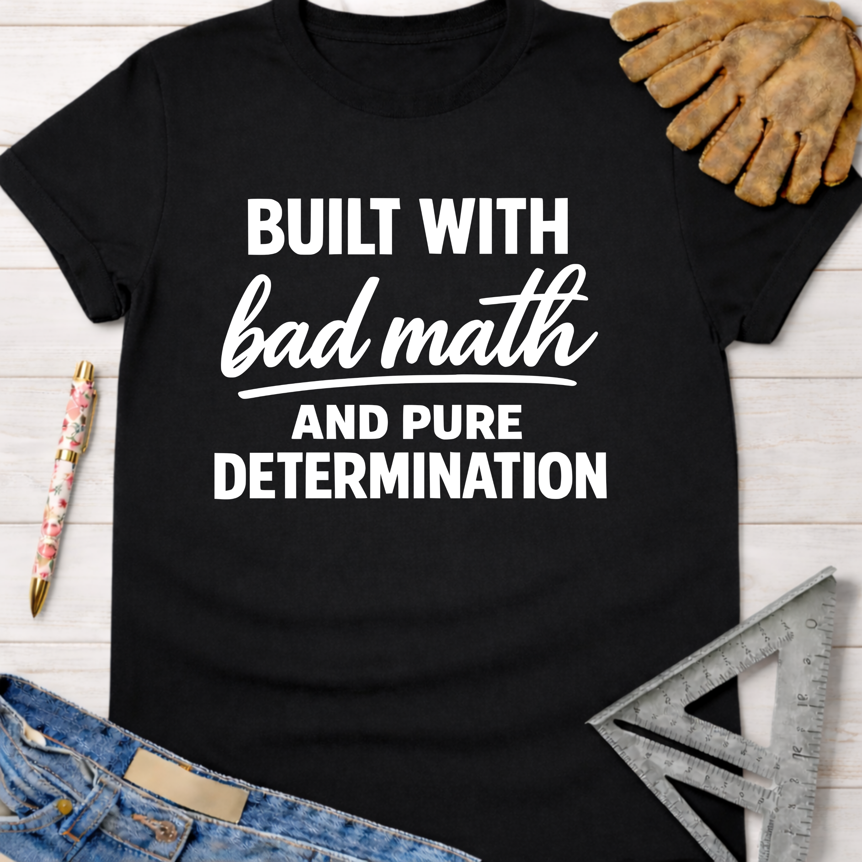 Women's funny woodworking graphic tee shirt for female woodworkers, makers, and DIY builders — Sawdust & Ponytails. Black cotton tee with "Built With Bad Math And Pure Determination" in white text.