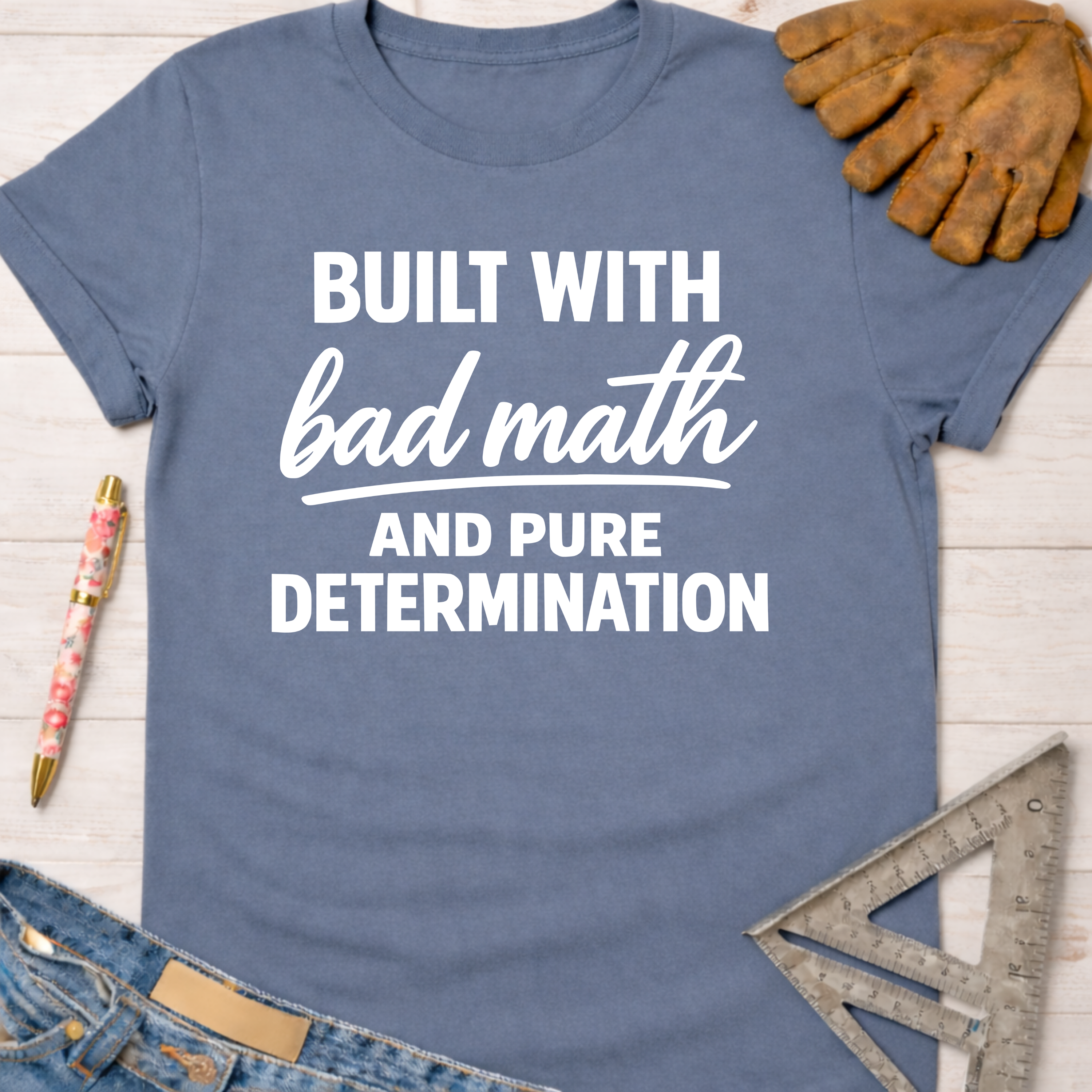 Women's funny woodworking graphic tee shirt for female woodworkers, makers, and DIY builders — Sawdust & Ponytails. Blue cotton t-shirt with "Built With Bad Math And Pure Determination" in white text.