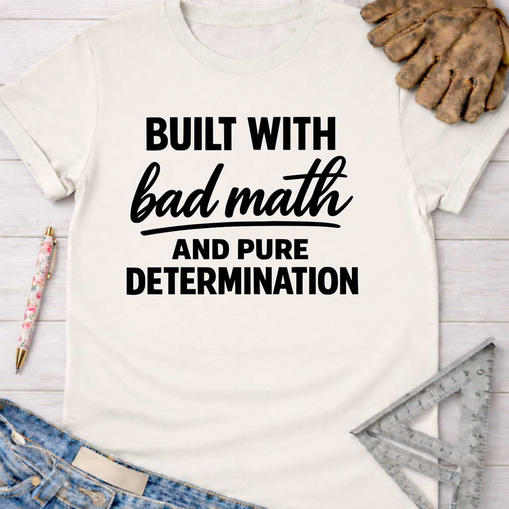 Women's funny woodworking graphic tee shirt for female woodworkers, makers, and DIY builders — Sawdust & Ponytails. White cotton tee with "Built With Bad Math And Pure Determination" in black text.