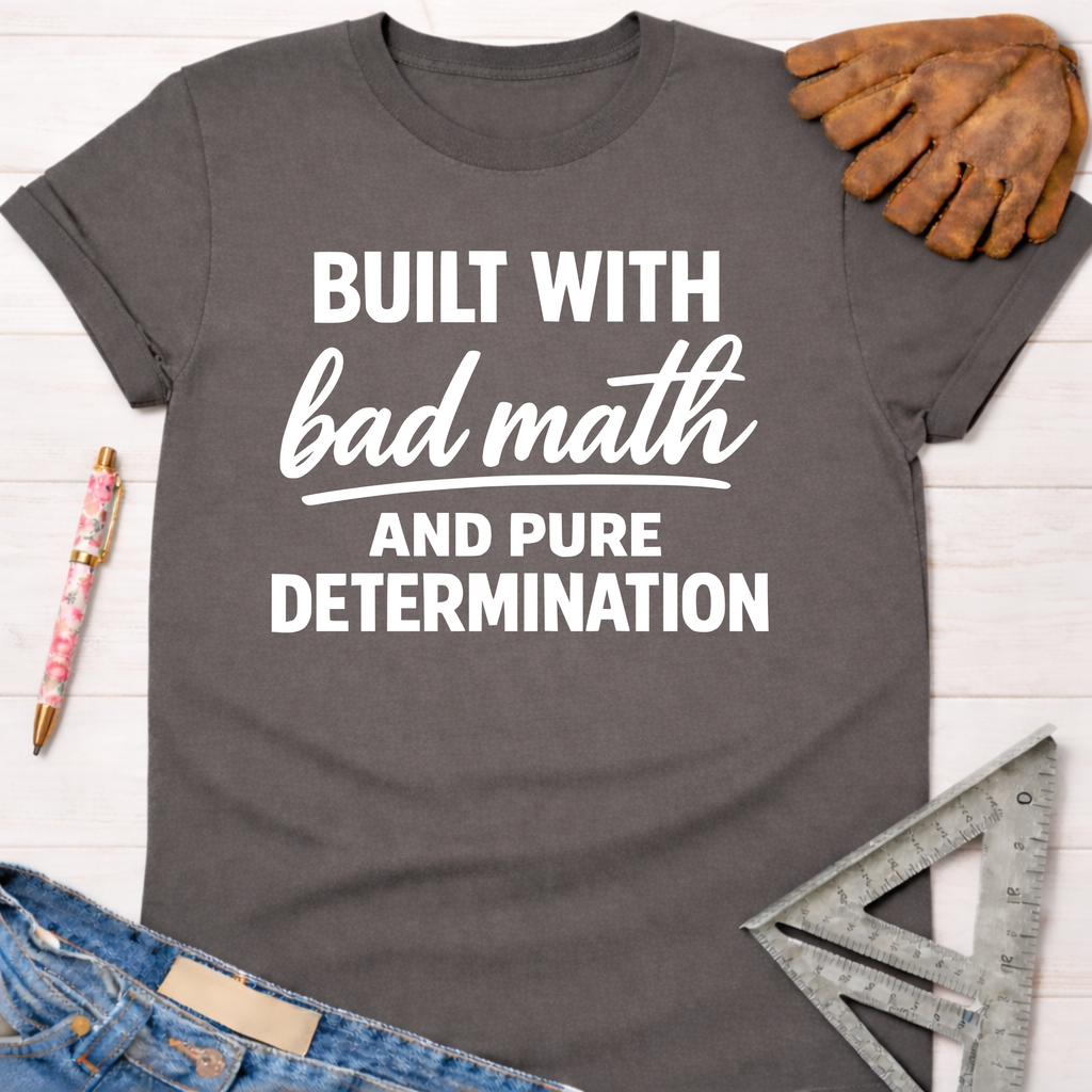 Women's funny woodworking graphic tee shirt for female woodworkers, makers, and DIY builders — Sawdust & Ponytails. Dark gray cotton tee with "Built With Bad Math And Pure Determination" in white text.