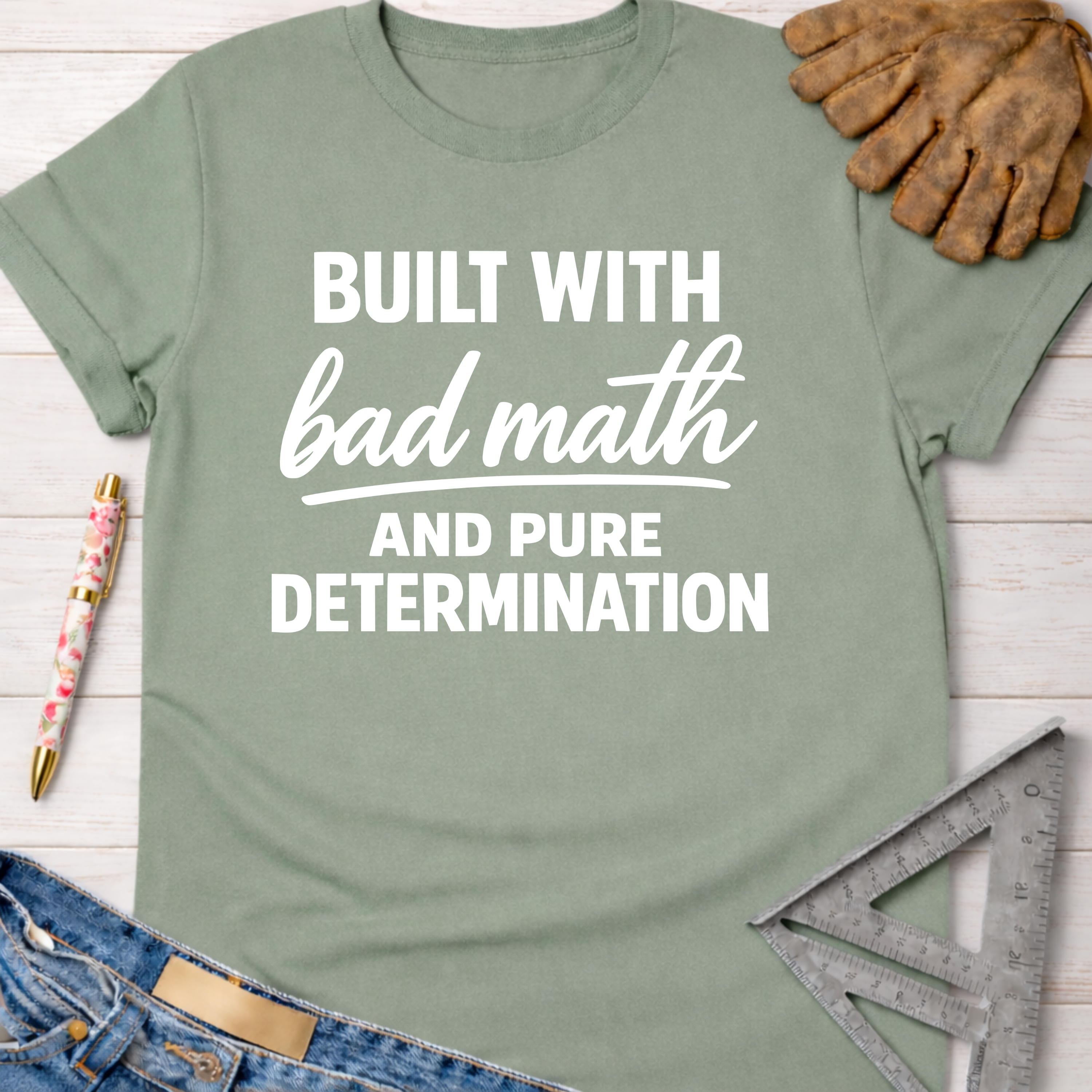 Sage green women's funny woodworking graphic tee for female woodworkers, makers, and DIY builders — Sawdust & Ponytails.