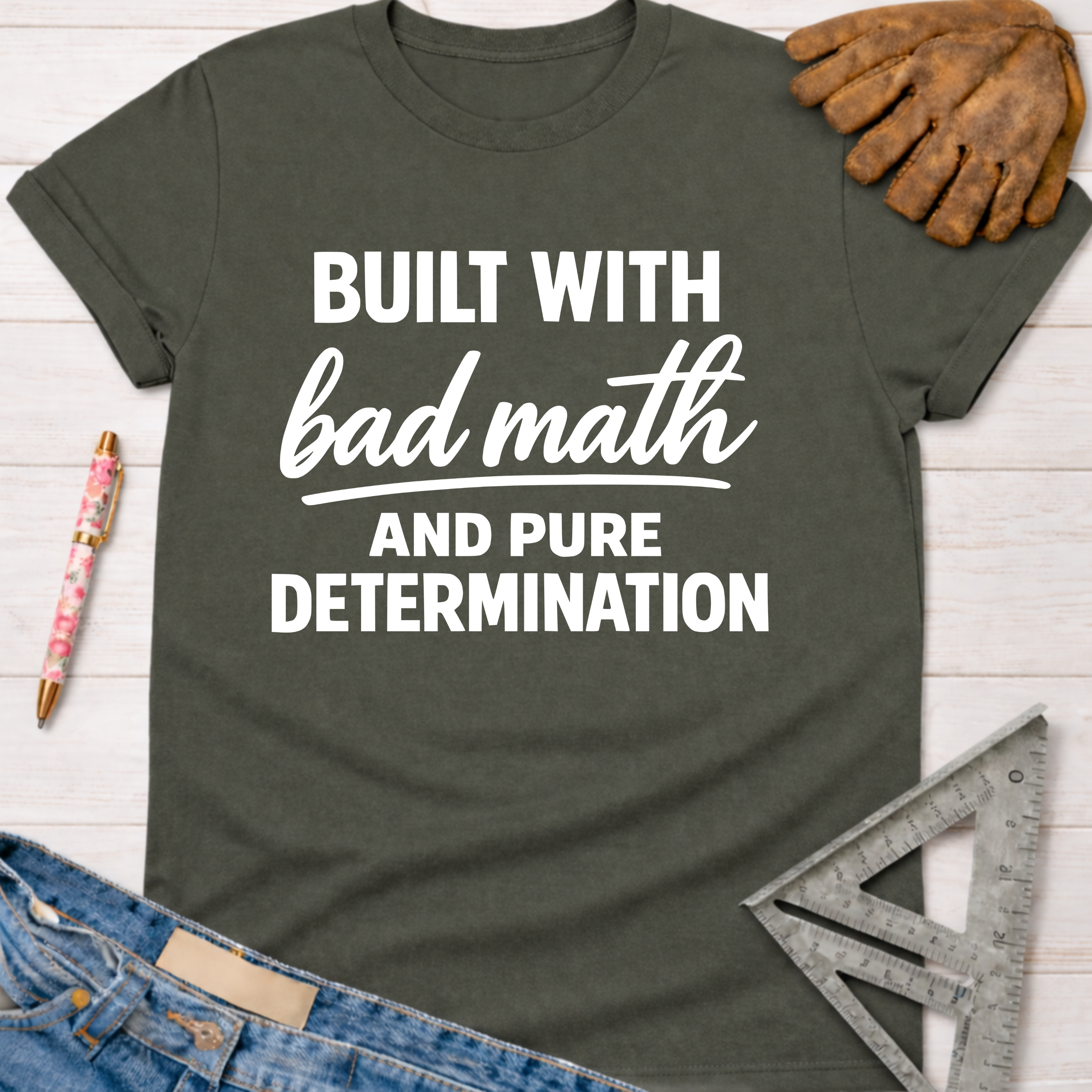 Women's funny woodworking graphic tee shirt for female woodworkers, makers, and DIY builders — Sawdust & Ponytails. Dark gray crewneck t-shirt with "Built With Bad Math And Pure Determination" in white text.