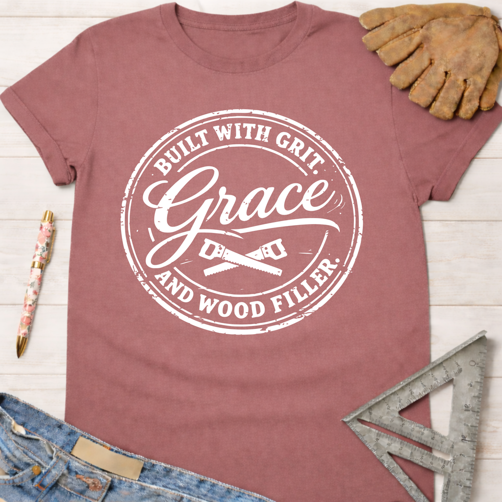 Women's funny woodworking graphic tee shirt for female woodworkers, makers, and DIY builders — Sawdust & Ponytails. Mauve cotton tee with "Built With Grit, Grace, and Wood Filler" graphic.