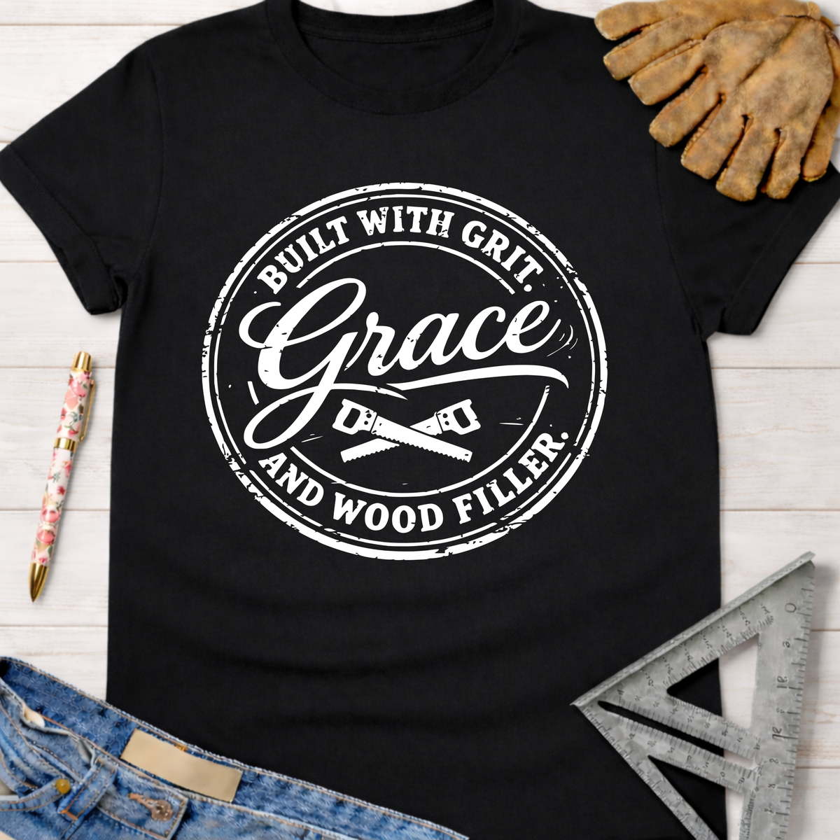 Black cotton tee with "Built With Grit, Grace, and Wood Filler" graphic. Women's funny woodworking graphic tee shirt for female woodworkers, makers, and DIY builders — Sawdust & Ponytails.