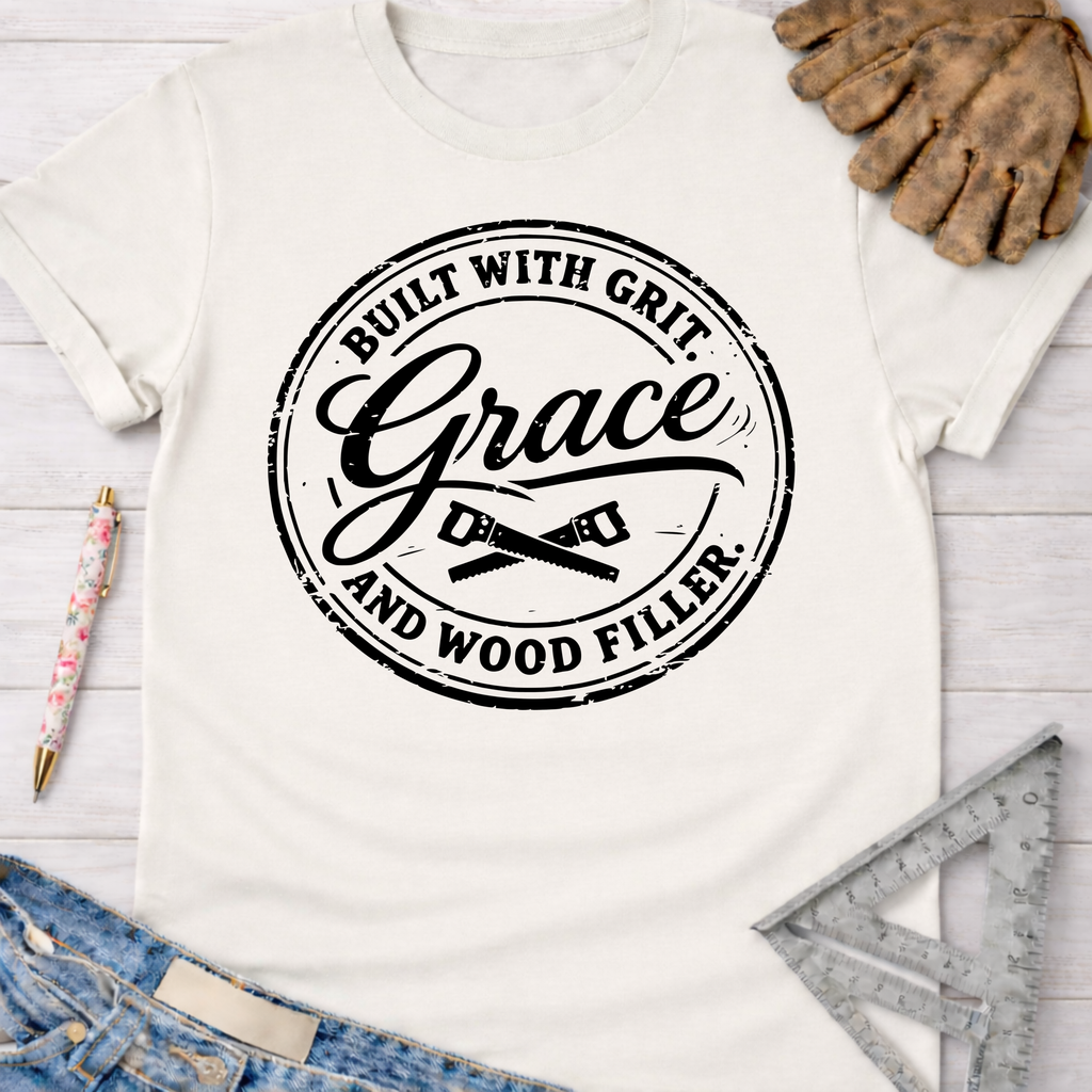 Women's funny woodworking graphic tee shirt for female woodworkers, makers, and DIY builders — Sawdust & Ponytails. Cream t-shirt with "Built With Grit, Grace, And Wood Filler" graphic.