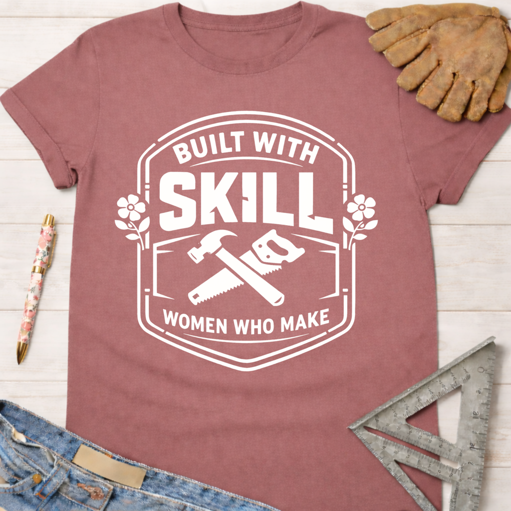 Women's funny woodworking graphic tee shirt for female woodworkers, makers, and DIY builders — Sawdust & Ponytails. Mauve cotton tee with "Built With Skill Women Who Make" graphic, hammer, and saw.