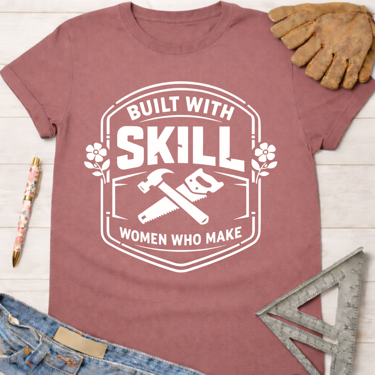 Women's funny woodworking graphic tee shirt for female woodworkers, makers, and DIY builders — Sawdust & Ponytails. Mauve cotton tee with "Built With Skill Women Who Make" graphic, hammer, and saw.
