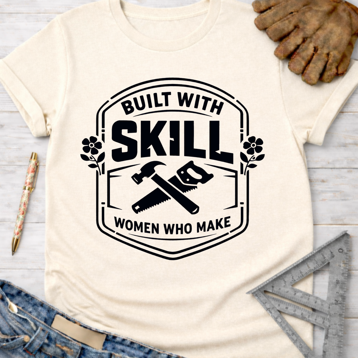Women's funny woodworking graphic tee shirt for female woodworkers, makers, and DIY builders — Sawdust & Ponytails. Cream t-shirt with "Built With Skill Women Who Make" graphic, hammer, and saw.