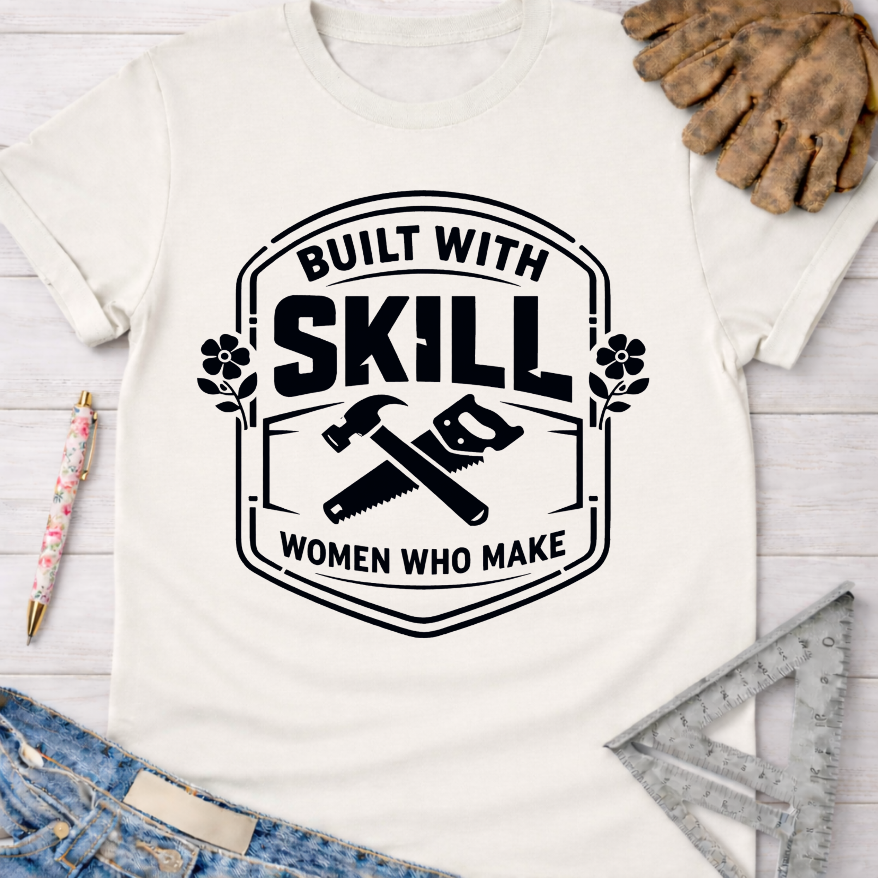 Women's funny woodworking graphic tee shirt for female woodworkers, makers, and DIY builders — Sawdust & Ponytails. White cotton tee with "Built With Skill, Women Who Make" graphic, hammer, and saw.