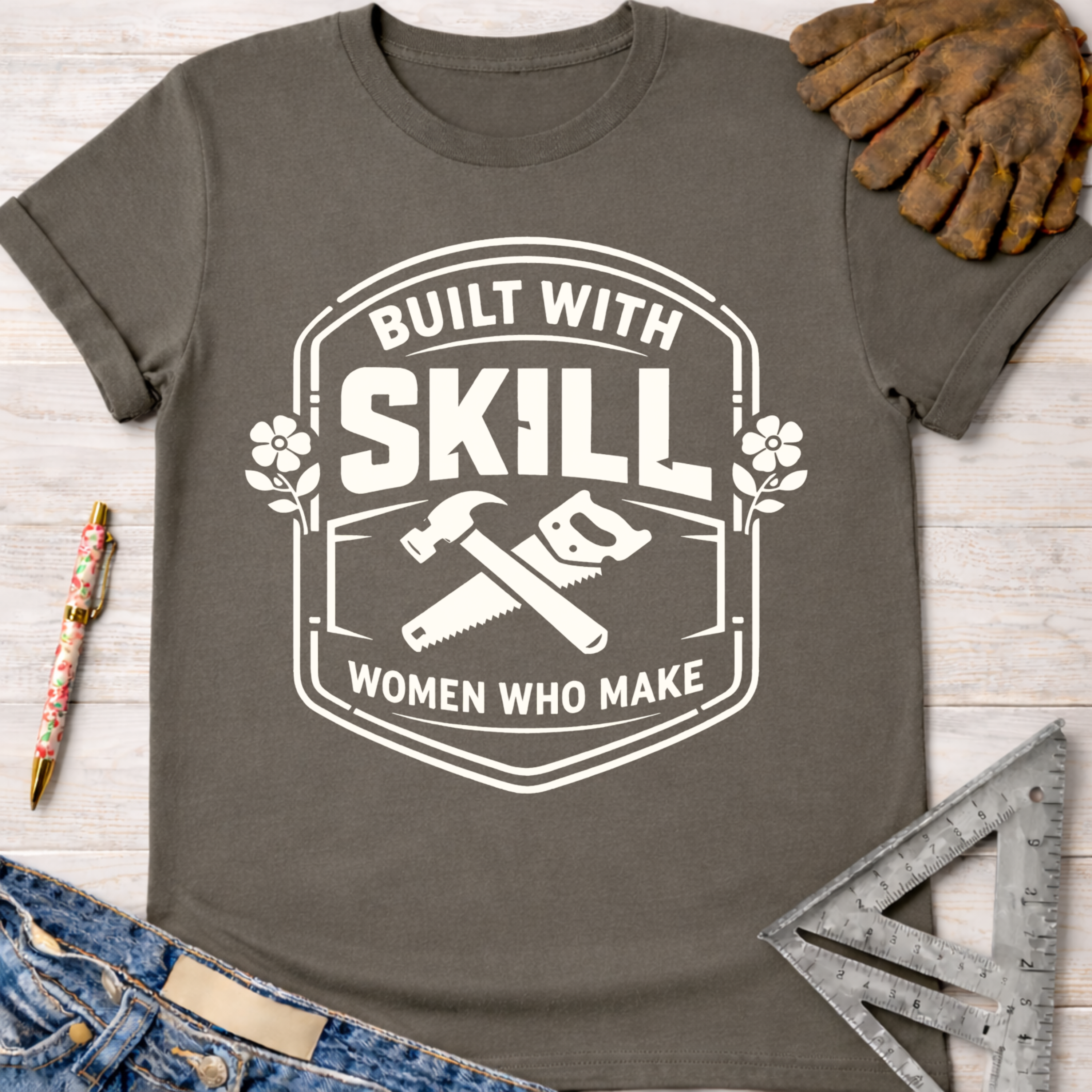 Charcoal gray "Built With Skill" women's funny woodworking graphic tee shirt for female woodworkers, makers, and DIY builders — Sawdust & Ponytails.