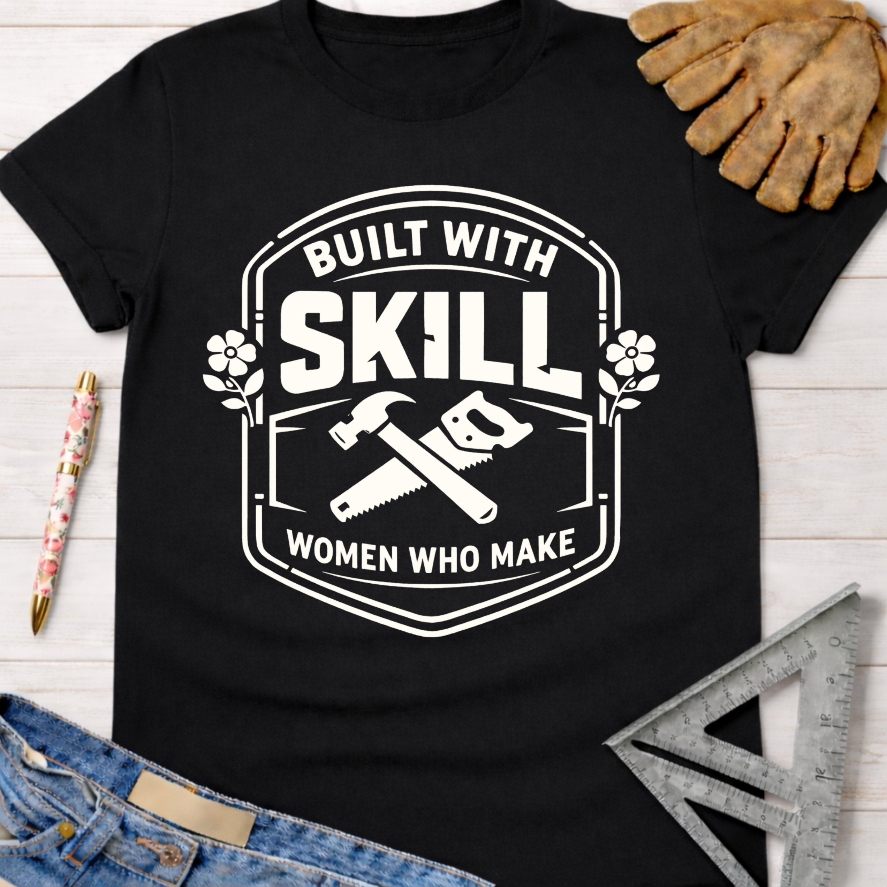 Black cotton "Built With Skill Women Who Make" graphic tee with hammer and saw design. Women's funny woodworking graphic tee shirt for female woodworkers, makers, and DIY builders — Sawdust & Ponytails