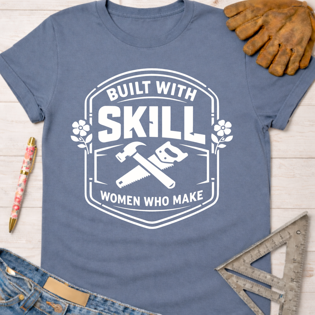 Women's funny woodworking graphic tee shirt for female woodworkers, makers, and DIY builders — Sawdust & Ponytails. Blue cotton tee with "Built With Skill Women Who Make" graphic.