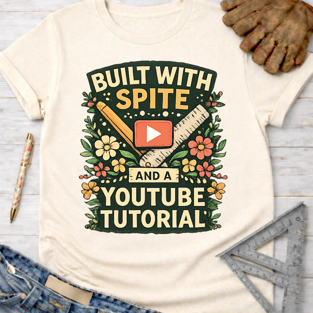 Women's funny woodworking graphic tee shirt for female woodworkers, makers, and DIY builders — Sawdust & Ponytails. Cream t-shirt with "Built With Spite And A YouTube Tutorial" graphic, ruler, pencil, and flowers.