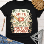 Black cotton Women's funny woodworking graphic tee shirt for female woodworkers, makers, and DIY builders — Sawdust & Ponytails, featuring "Built With Spite And A YouTube Tutorial" design.