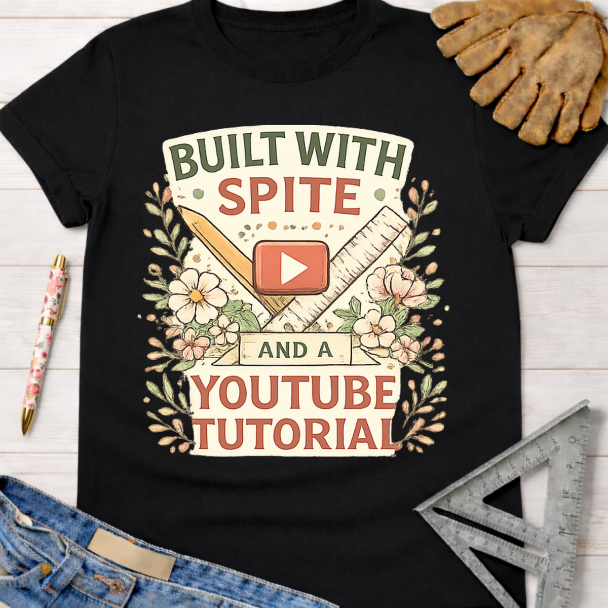Black cotton Women's funny woodworking graphic tee shirt for female woodworkers, makers, and DIY builders — Sawdust & Ponytails, featuring "Built With Spite And A YouTube Tutorial" design.
