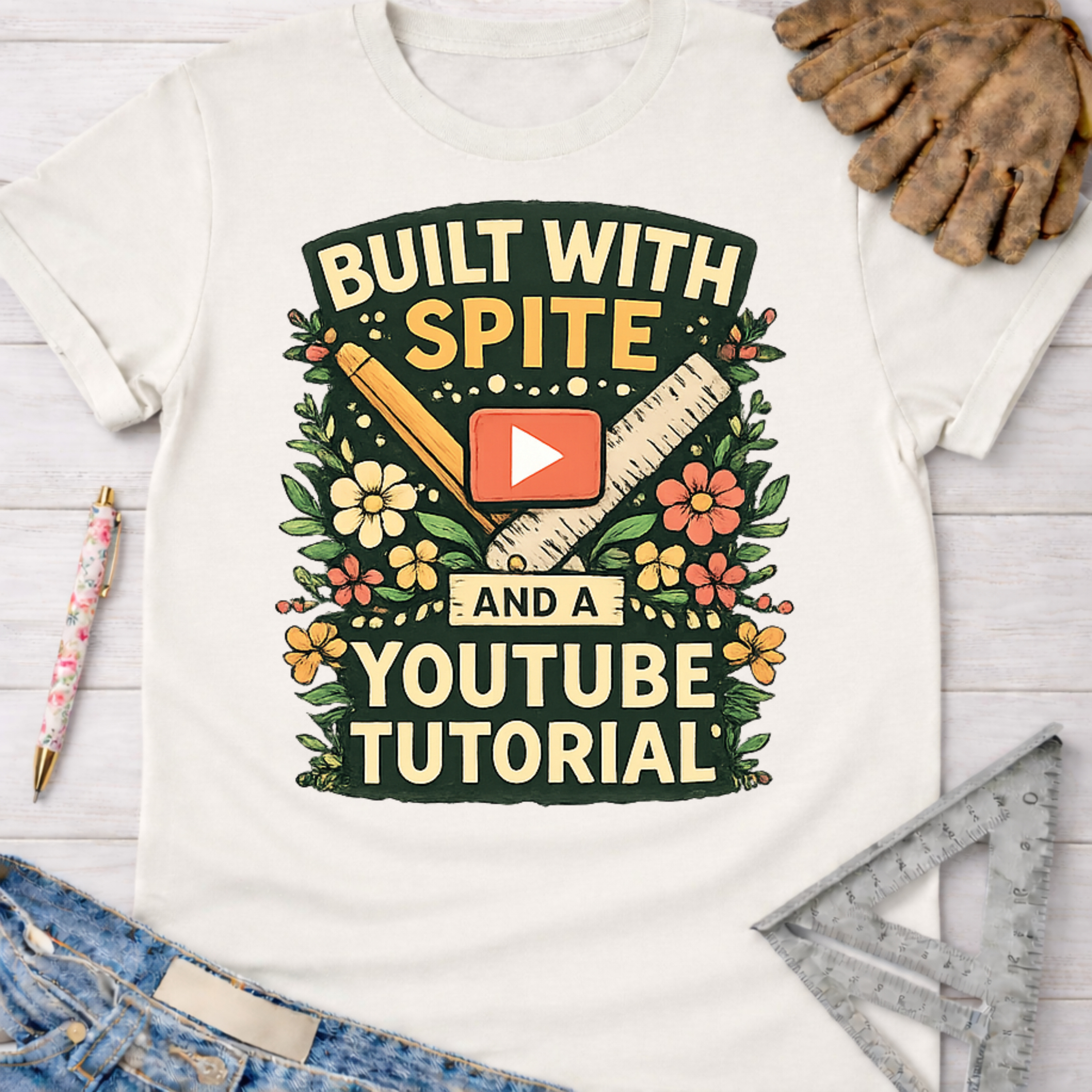 Women's funny woodworking graphic tee shirt for female woodworkers, makers, and DIY builders — Sawdust & Ponytails. White cotton t-shirt with "Built With Spite And A YouTube Tutorial" graphic, featuring a ruler, pencil, and play button surrounded by flowers.