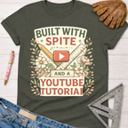 Dark gray women's funny woodworking graphic tee shirt with "Built With Spite And A YouTube Tutorial" design, ruler, pencil, and flowers. Sawdust & Ponytails.