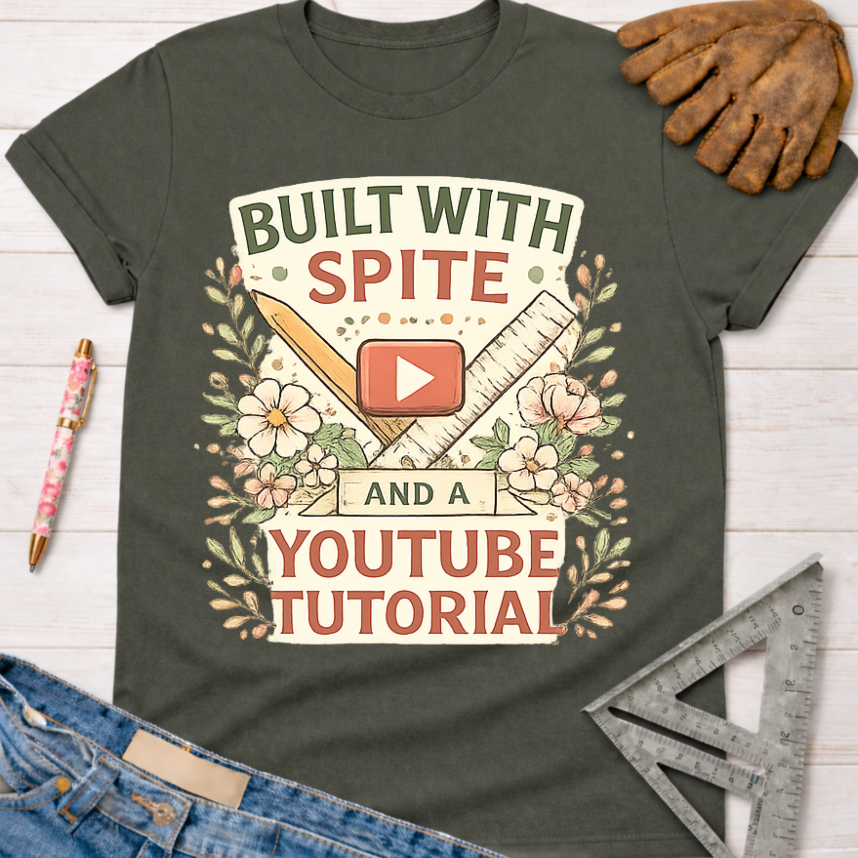 Dark gray women's funny woodworking graphic tee shirt with "Built With Spite And A YouTube Tutorial" design, ruler, pencil, and flowers. Sawdust & Ponytails.