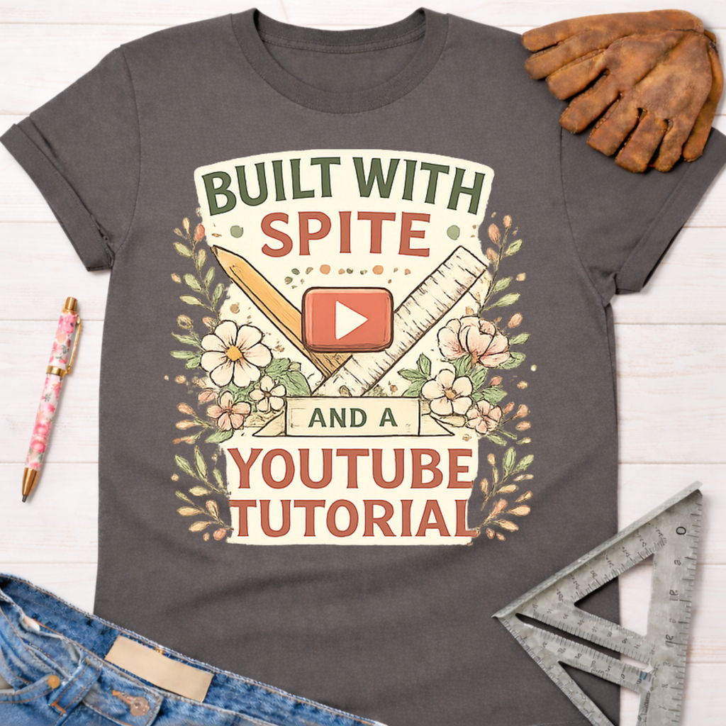 Charcoal gray women's "Built With Spite And A YouTube Tutorial" graphic tee with floral, ruler, and pencil design. Women's funny woodworking graphic tee shirt for female woodworkers, makers, and DIY builders — Sawdust & Ponytails