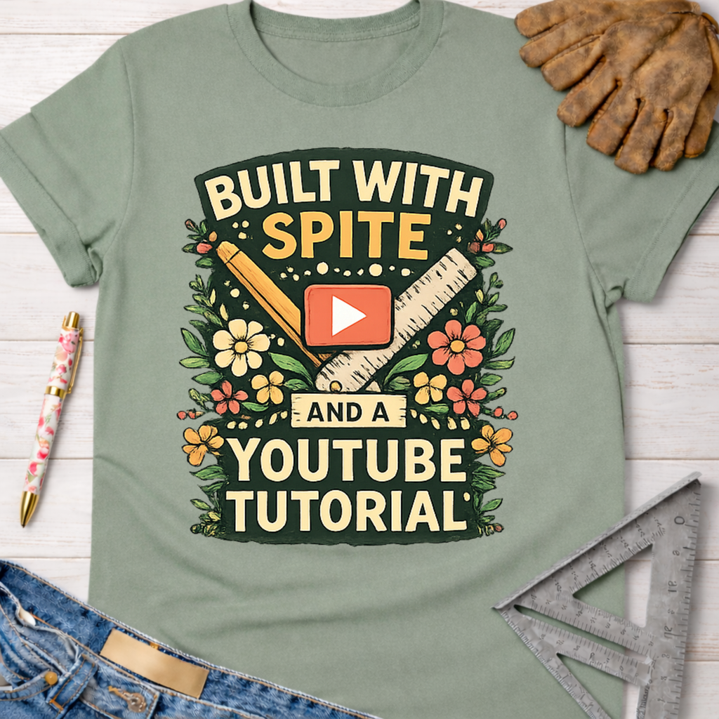 Sage green cotton tee with "Built With Spite And A YouTube Tutorial" graphic. Women's funny woodworking graphic tee shirt for female woodworkers, makers, and DIY builders — Sawdust & Ponytails.