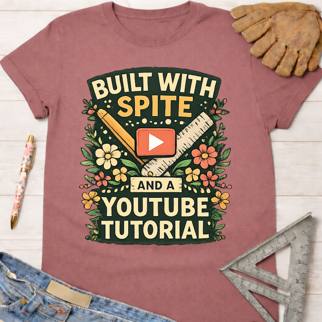 Women's funny woodworking graphic tee shirt for female woodworkers, makers, and DIY builders — Sawdust & Ponytails. Mauve cotton tee with "Built With Spite And A YouTube Tutorial" graphic.